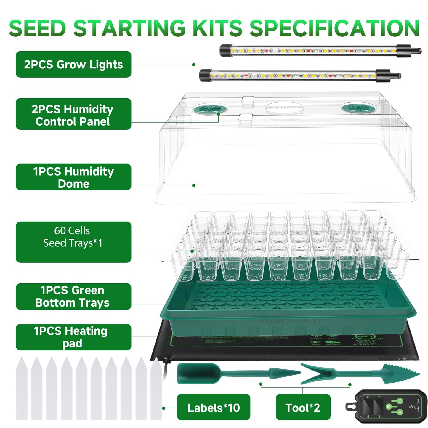 Seed Starter Tray with Grow Light and Thermostat Controller Heat Mat, 10"x 20.75" Heat Mats for Plant Growing，68-113°F Adjustable，Color Change Grow Lights，Germination Trays Kits (Green, 60 Cells)