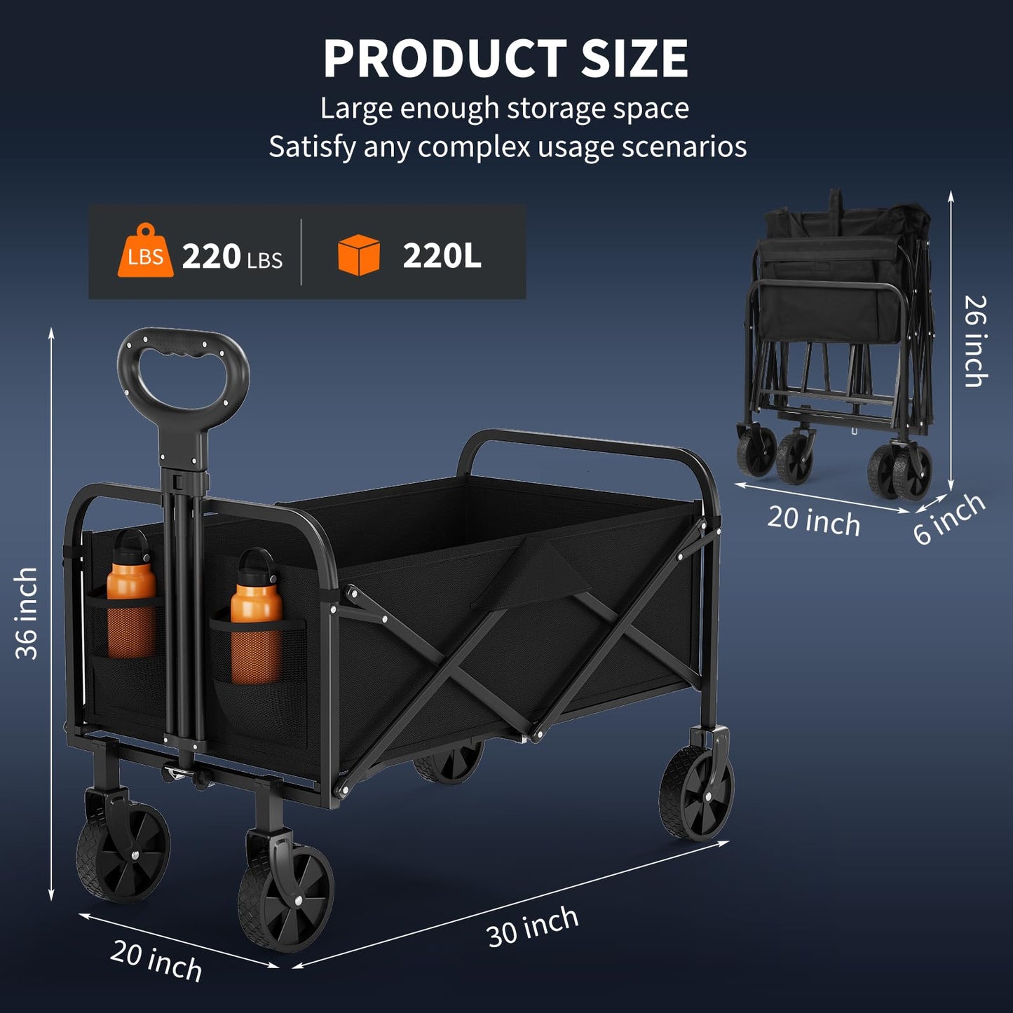 Garvee Wagons Carts Foldable, Garvee Utility Collapsible Wagon with All-Terrain Wheels, Drink Holders & Adjustable Handle, 220 LBS Portable Grocery Wagon for Shopping, Camping, Garden -Black