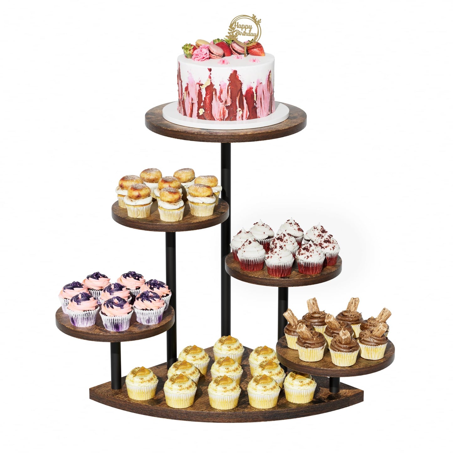 Cake Stand for Cupcake Dessert Display - 6 Tiered Corner Tray Dessert Table Stand, Cupcake Tower for 102 Cupcakes, Wood Cake and Cup Cake Stand Combo Serving Trays for Party Wedding Birthday