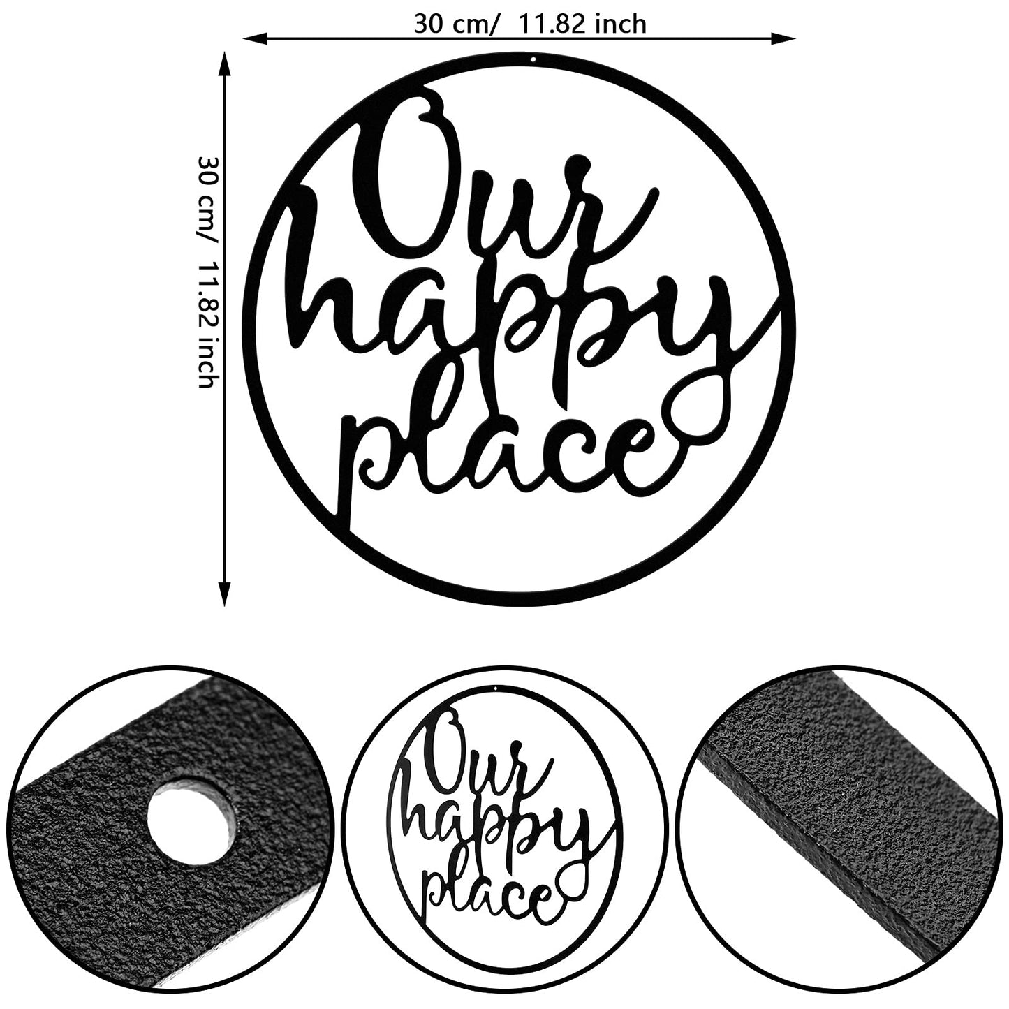 Hotop Our Happy Place Metal Wall Sign Metal Hanging Art Outdoor Plaque Wall Decor Lettering Home Sign for Home Living Room, Bedroom, Kitchen, Shop and More(Classic Style,Black)