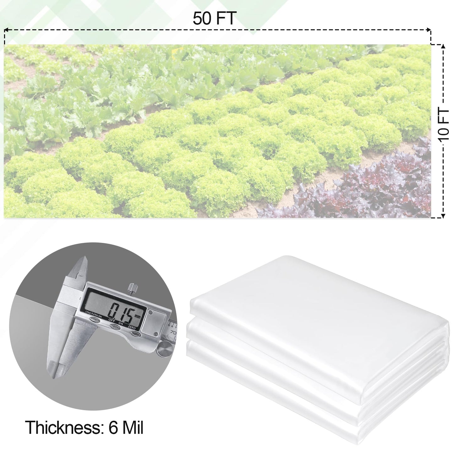 10 x 50 FT Clear Greenhouse Plastic Sheeting, 6 Mil Polyethylene Film Heavy Duty, Water Sun Frost Wind Dust Resistant Winter Hoop House Toughness Plastic Cover for Farming, Gardening, Agriculture, DIY