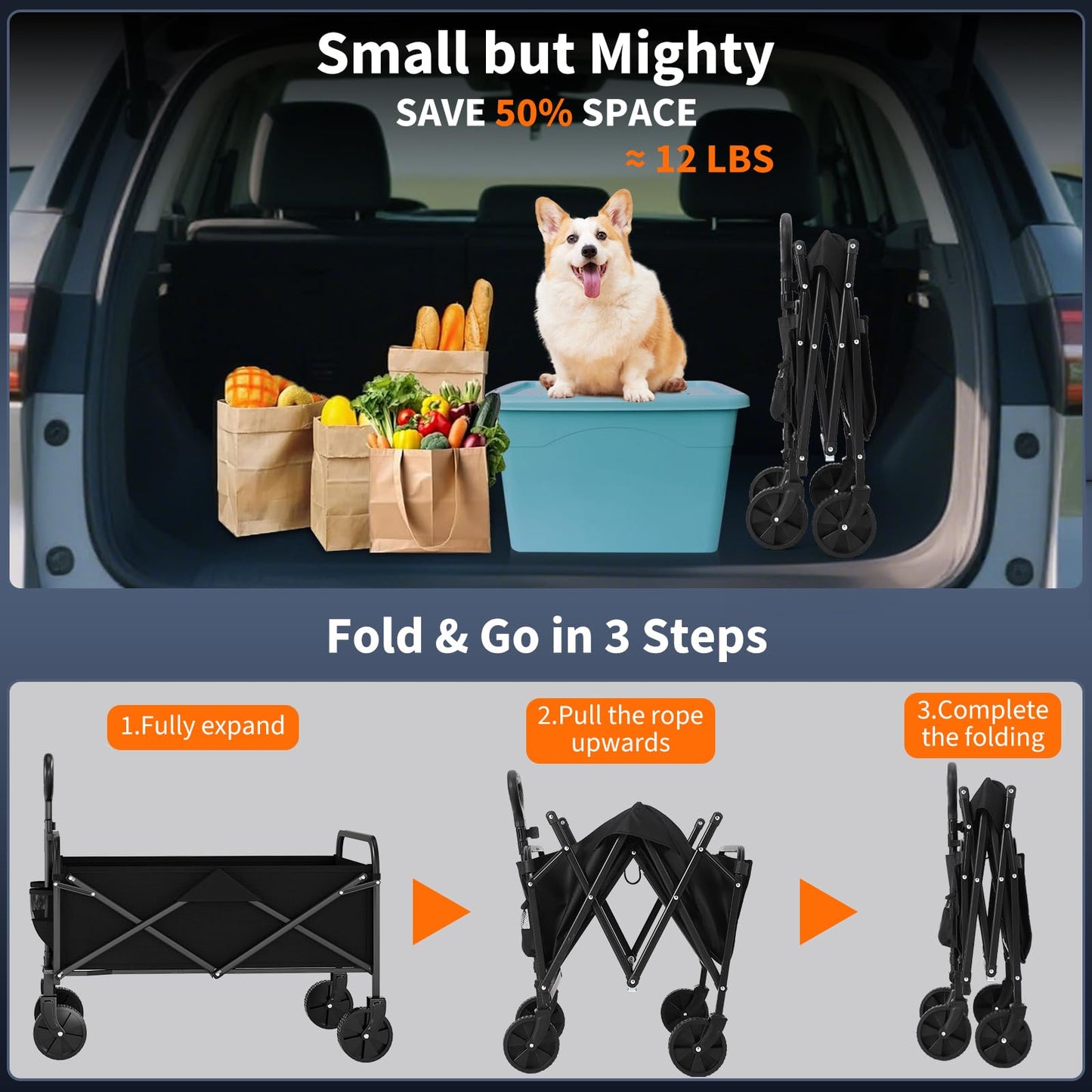 Garvee Wagons Carts Foldable, Garvee Utility Collapsible Wagon with All-Terrain Wheels, Drink Holders & Adjustable Handle, 220 LBS Portable Grocery Wagon for Shopping, Camping, Garden -Black