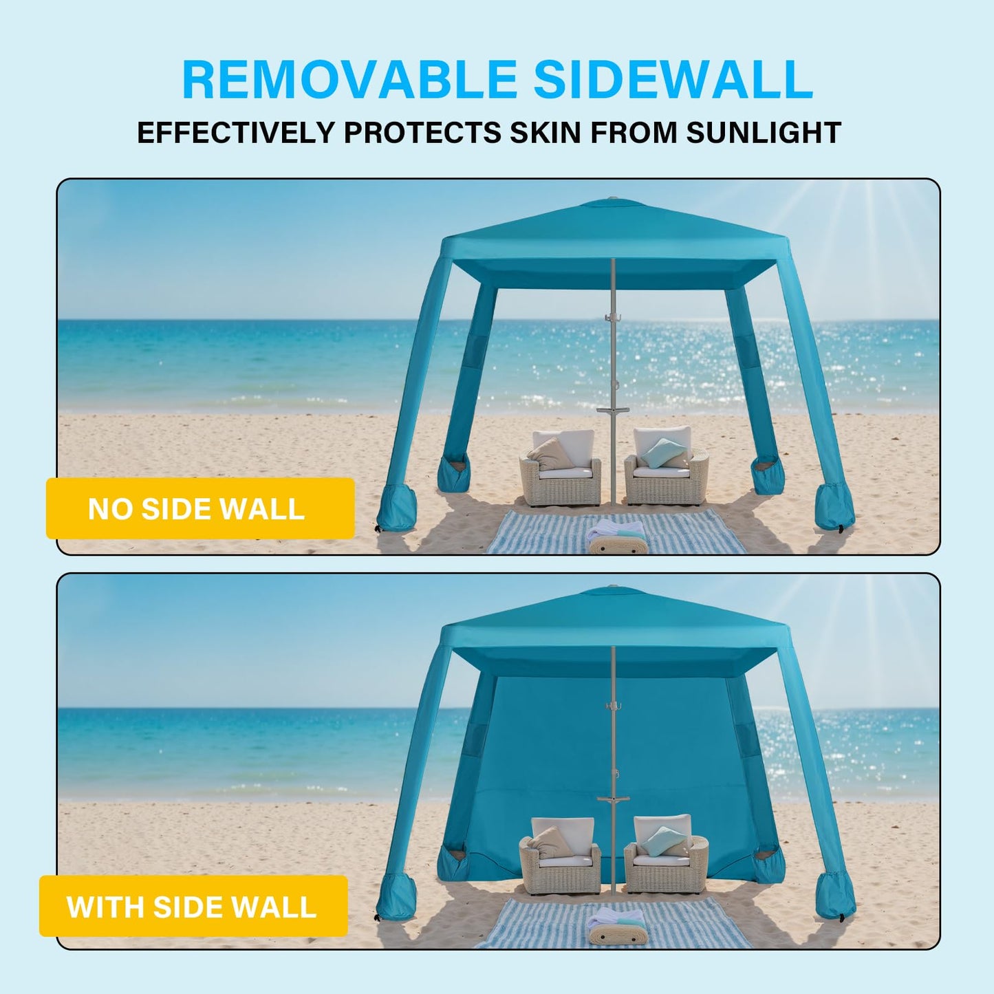Beach Cabana, 6.6'×6.6' Portable Beach Canopy with Side Wall, Easy Up UPF 50+ Beach Tent Sun Shelter with Sand Pockets, Waterproof Cabana Umbrella Tent for Family, Backyards, Camping, Blue