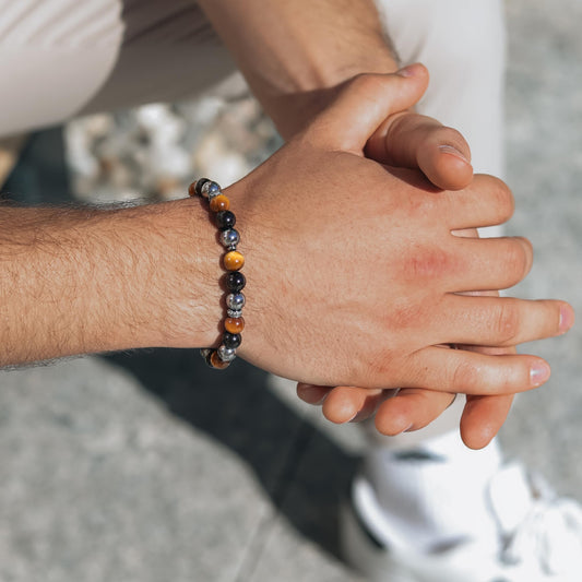 RTZN® Triple Protection Bracelet for Men – Premium Artisan Handcrafted Tigers Eye, Black Obsidian & Hematite Bracelet for Men & Women – 6MM Beaded Spiritual Bracelets – Adjustable 6.5"–8.5" (Chain Fit)