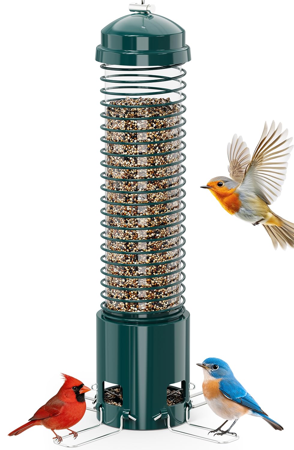 Squirrel Proof Bird Feeder, Metal Bird Feeders for Outdoors Hanging, 3.6LB Large Seeds Capacity for Wild Birds, Finch, Cardinal, Blue Jay, Chickadee, Green