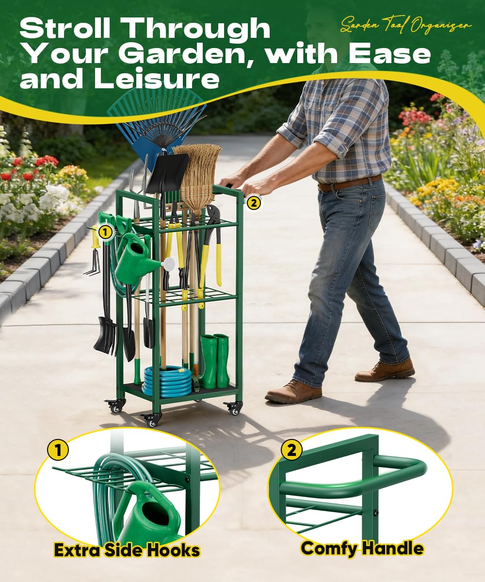 Lotspasie Garden Tool Organizer with Wheels, Heavy Duty 3 Tier Metal Yard Tool Storage Rack Holder with Side Hooks, Freestanding Garage Organizer for Shovels, Rakes, Brooms, Indoor Outdoor Use, Green