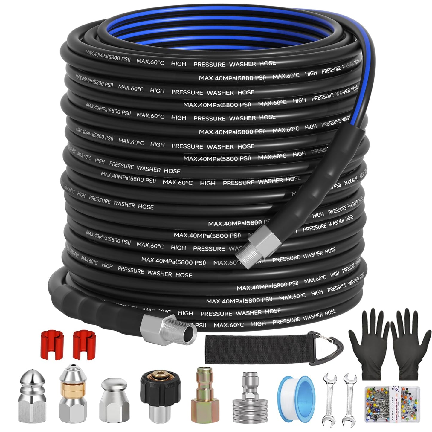 VIVIDWASH Sewer Jetter Kit for Pressure Washer(150FT),1/4" NPT Drain Cleaner Hose 5800PSI with 3 Sewer Jet Nozzles，Pearl Corsage Pin，Marking Ring,Spray Nozzle，Teflon Tape&Gloves