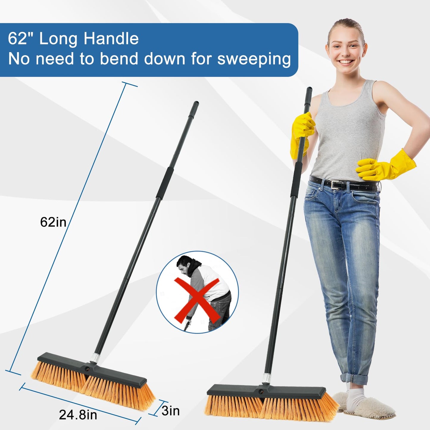 PBHEPJ 24 Inchs Push Broom Outdoor Heavy Duty, Shop Broom with 60" Long Handle for Cleaning Outdoor or Indoor Tile, Garage, Shop, Deck, Concrete, Wood, Stone, Patio Floor