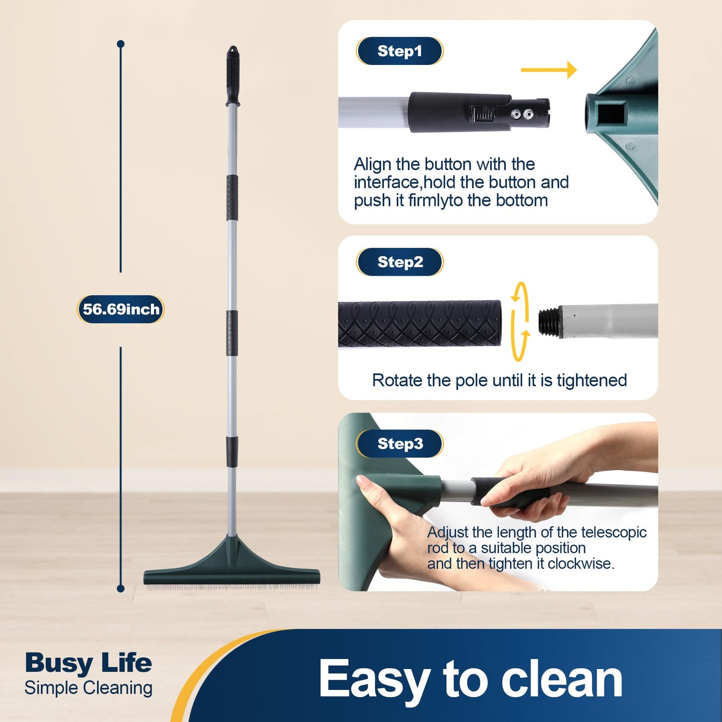 Yocada Artificial Turf Rake Grass Brush Broom Carpet Lawn Leaf Rake Cleaner Broom Telescopic Iron Pole for Yard Cleaning and Pet Hair Removal 56.69"