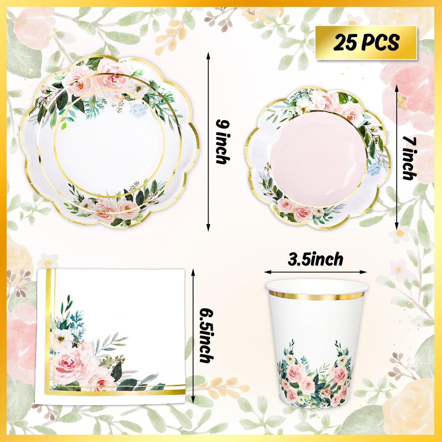 Whaline 100Pcs Pink Floral Paper Tableware Set Spring Flower Gold Foil Disposable Dinnerware Scalloped Plates Napkins and Cups for Wedding Birthday Baby Bridal Shower Party Supplies Table Decor