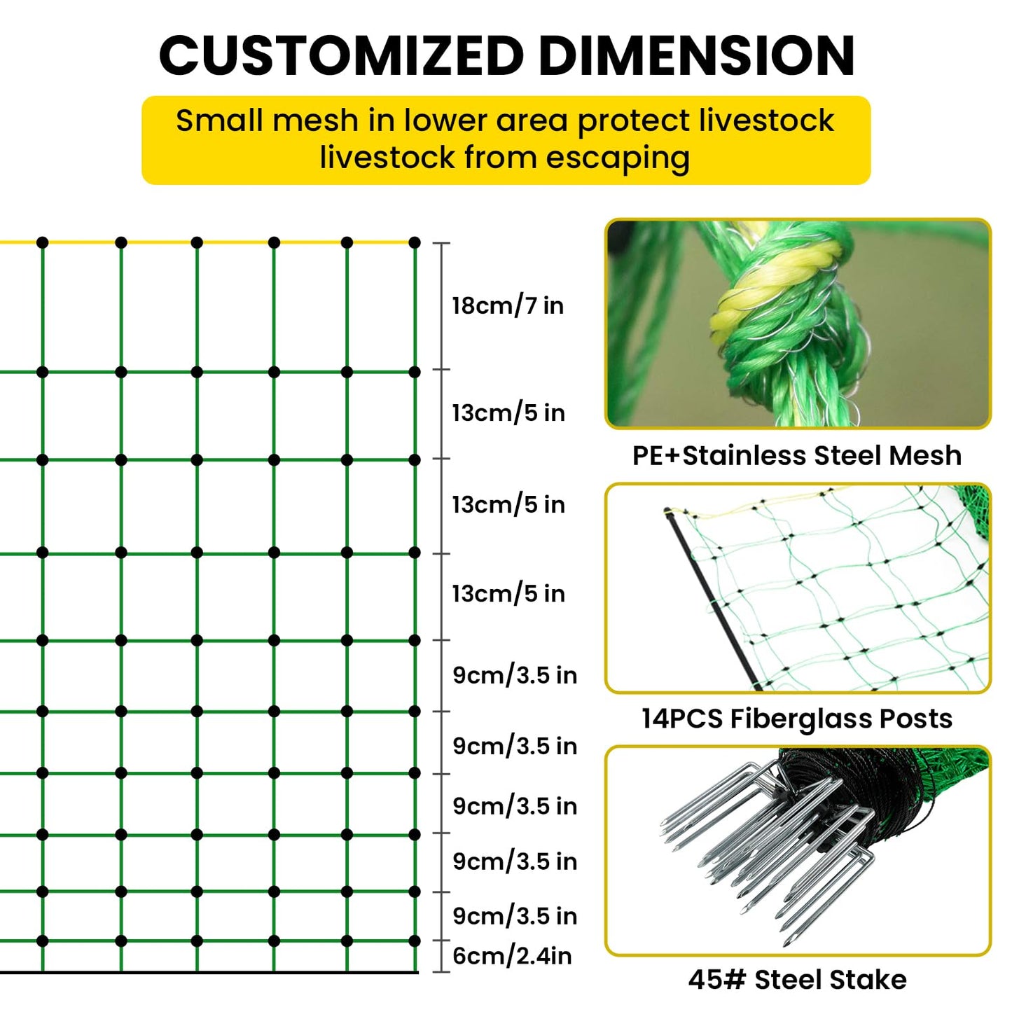 Electric Fence Netting, 42.6" H x 164'L Electric Anti-Predator Poultry Fence, PE Net Fencing Kit with 14 Posts Double Spiked, Movable Livestock Nets for Sheep, Hogs, Cattle