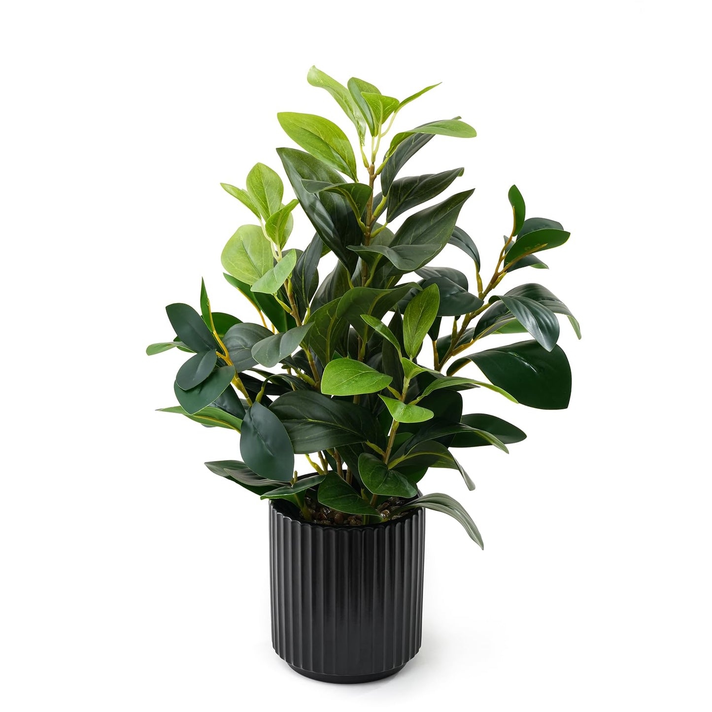 EZBOHO 16 inch Artificial Plants Indoor Realistic Touching Evergreen Leaf Fake Plant with Creamic Black Pot for Home Office Living Room Bathroom Office Table Bookshelf Decor