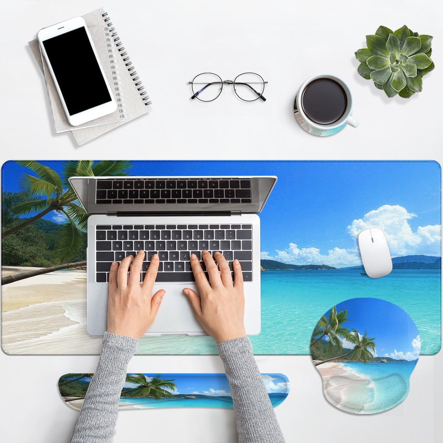 Arttown Tropical Sunshine Beach Desk Mat Summer Ocean Mouse Pad Set 4 in 1 Ergonomic Design Large Desk Pad + Keyboard Wrist Rest + Mouse Wrist Rest + Coaster Suitable for Home Office Study Game