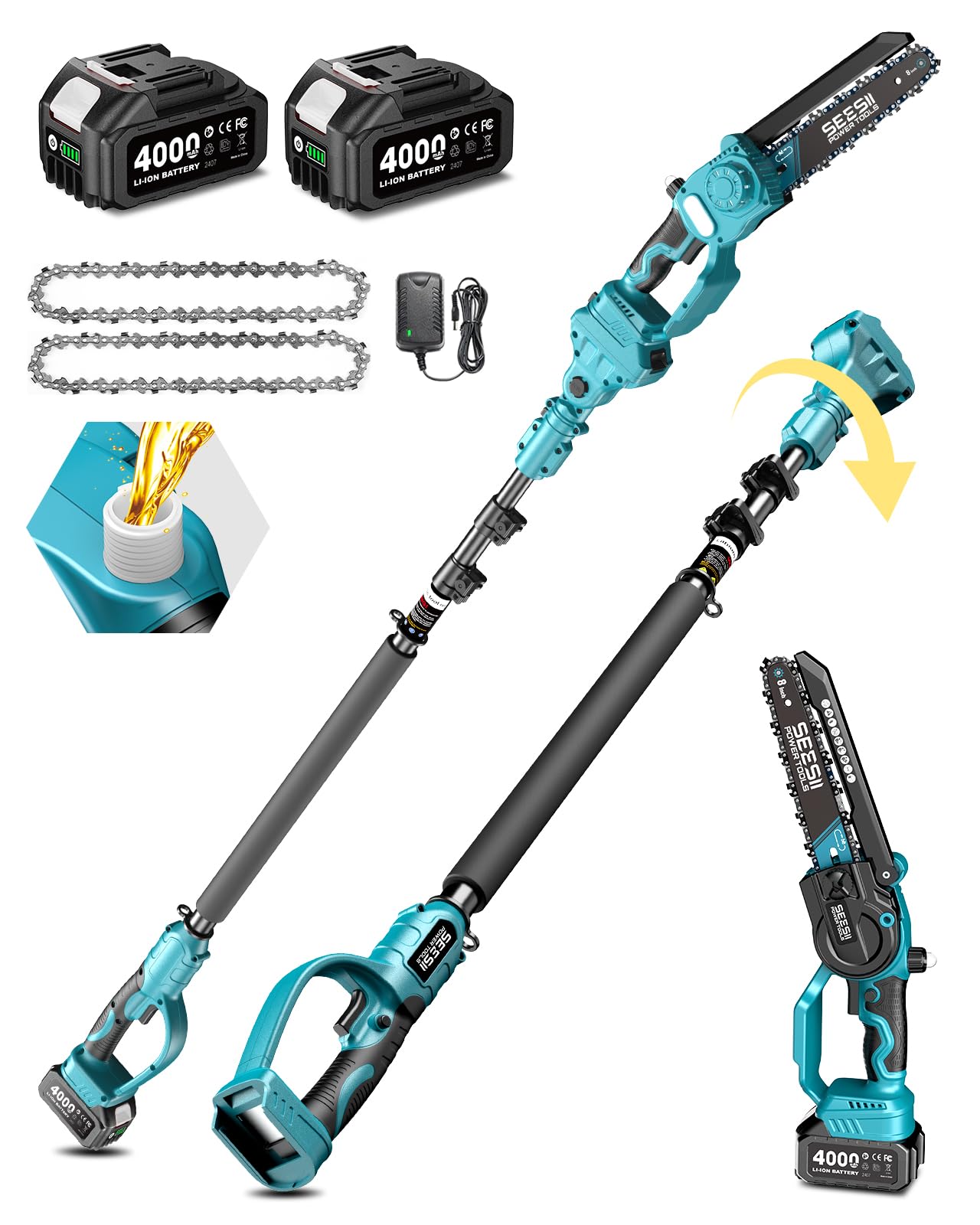 SEESII 2 in 1 Cordless 8 inch Pole Saw & Mini Chainsaw with 2 Battery, Power Electric Polesaw for Tree Trimming, Chain Saw with Extension Pole, Limb Branch Cutter Pruner P8 Ace
