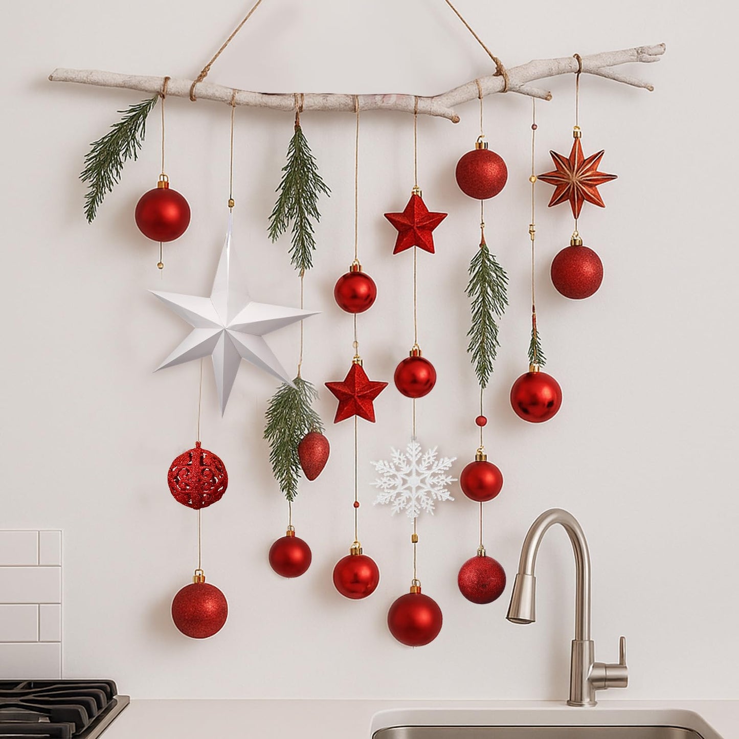 Halloscume Christmas Wall Hanging Decor with Light Wooden Branch Christmas Door Hanging Decorations Xmas Wall Art with Artificial Plants Red Ornament for Winter Holiday Kitchen Dining Room Decor