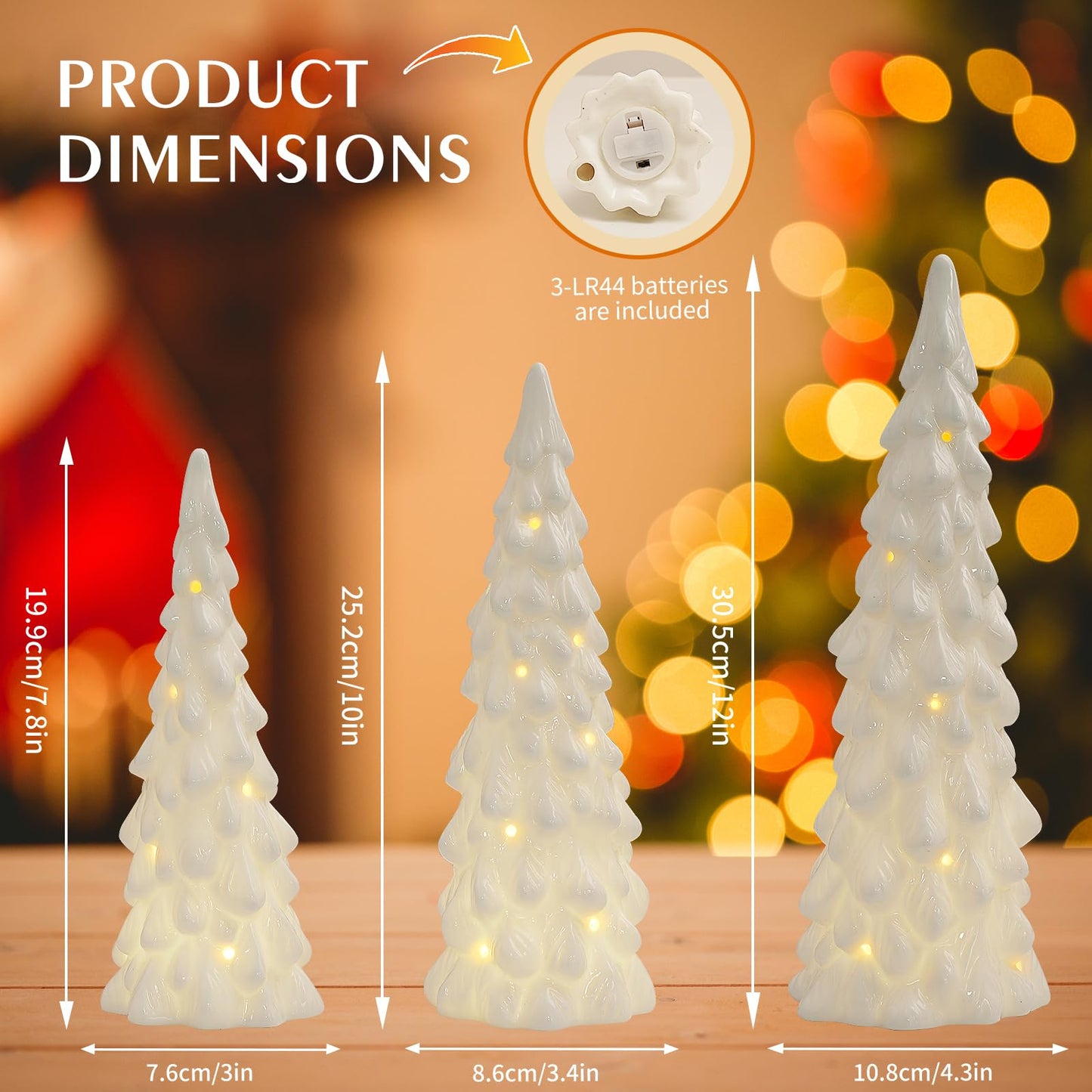 Luxstyra 3 Pcs White Ceramic Christmas Trees with Lights, Table Top Christmas Decor, Porcelain Tree Figurine with Timer, Small Ceramic Christmas Trees Set, White Tabletop Christmas Tree for Mantel