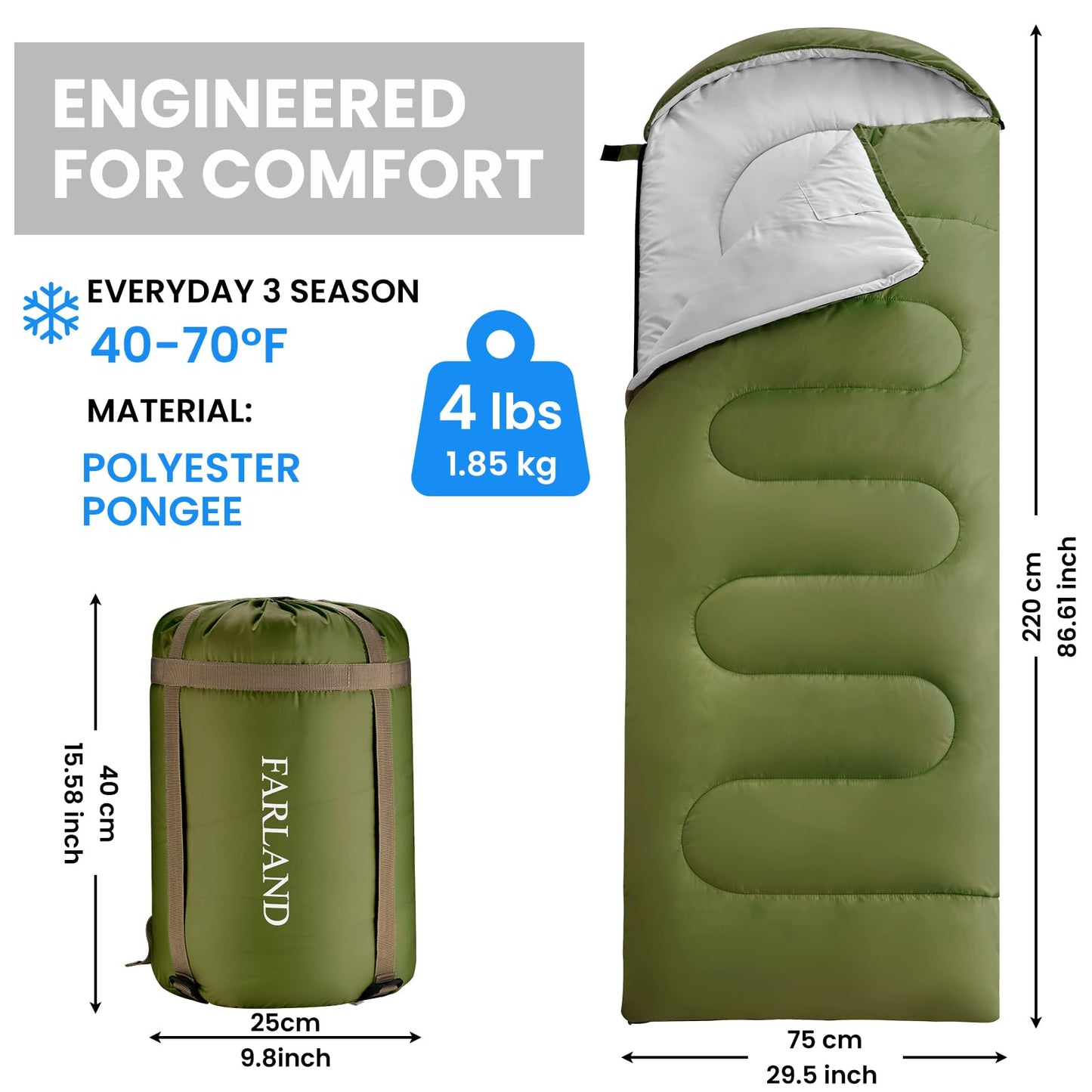 FARLAND Sleeping Bags for Adults Teens Kids with Compression Sack Portable and Lightweight for 3-4 Season Camping, Hiking,Waterproof, Backpacking and Outdoors