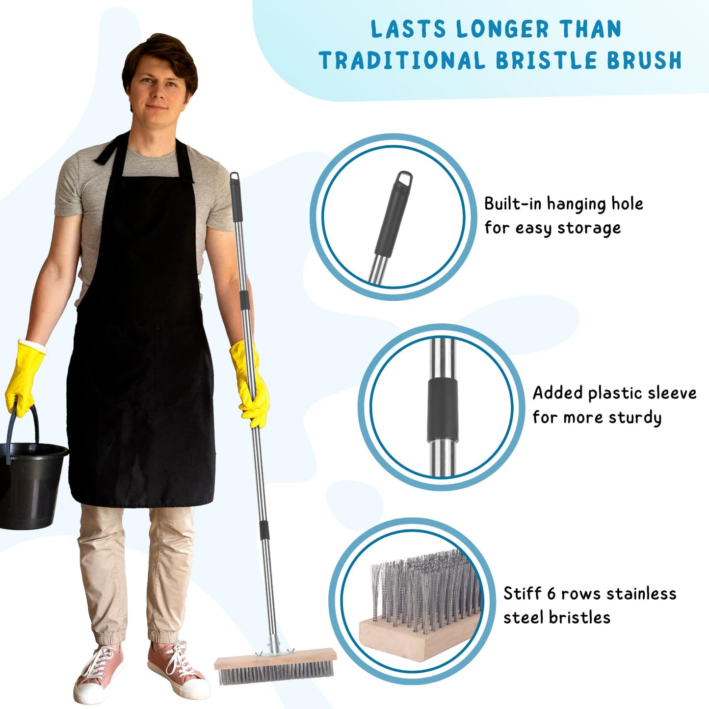 Stainless Steel Wire Scrub Brush with Long Handle for Deck, Concrete, Patio Floor Cleaning, 59'' Heavy Duty Stiff Metal Bristle Scrubber Broom for Outdoor Moss Removal