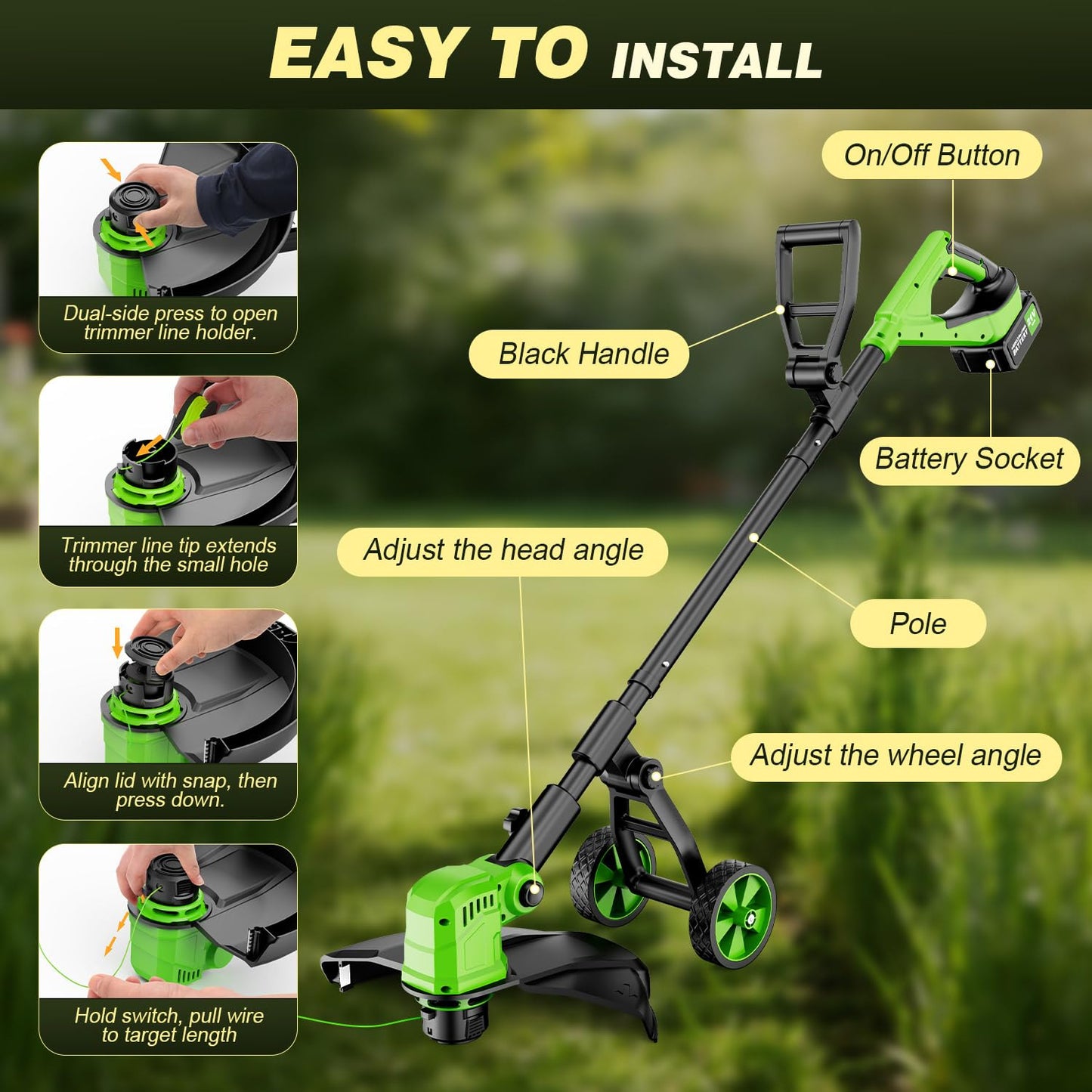 Amiluo 3 in 1 Cordless String Trimmer & Edger, 21V Battery Powered Weed Wacker with Wheels, 2 x 3.0Ah Batteries & 8 Spools, 14" Electric Weed Trimmer, Grass Trimmer for Garden, Lawn and Yard Care