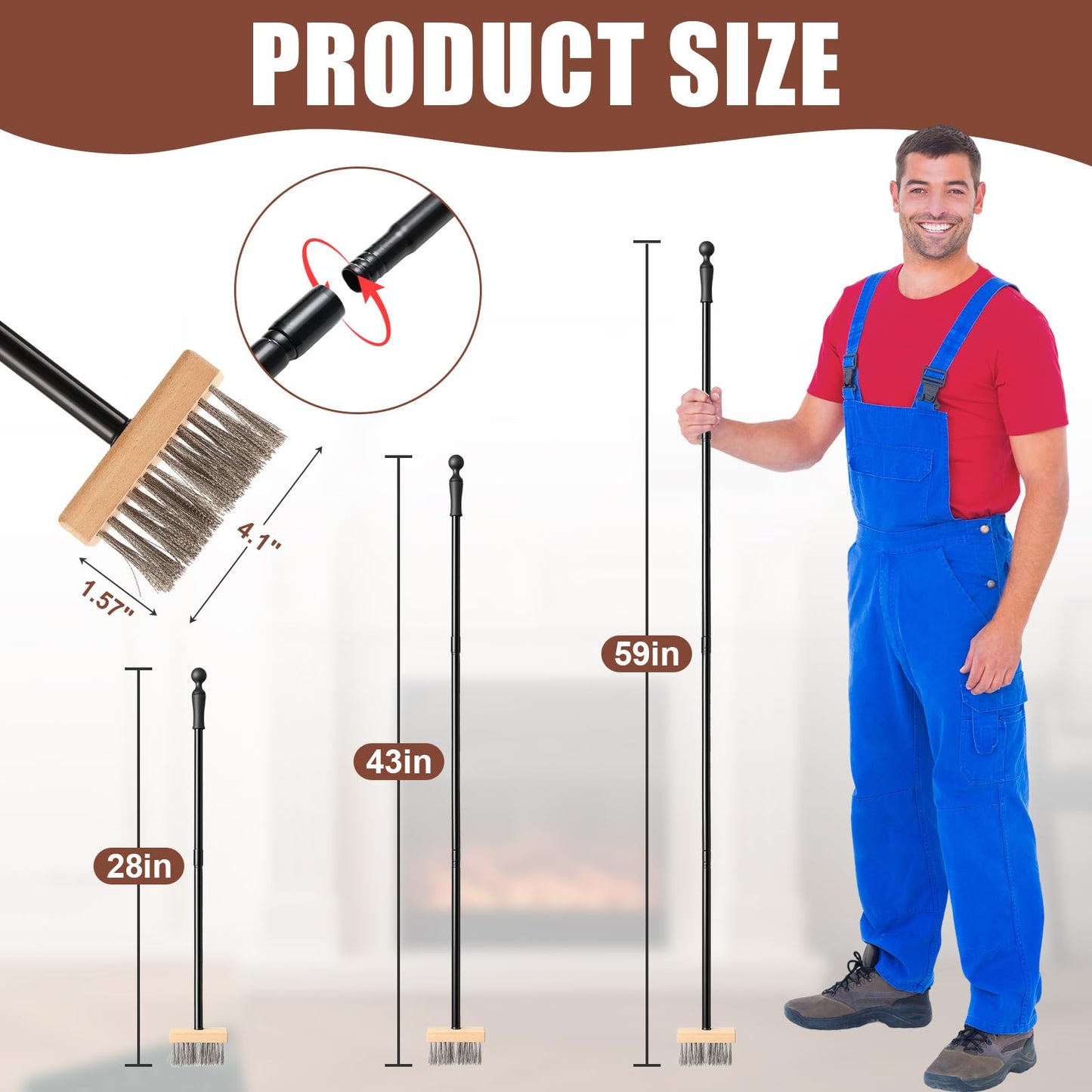 59" Fireplace Brush, Adjustable Metal Handle with Metal bristles, Suitable for Indoor fireplaces, Outdoor fire pits, and Camping. Easily Clears Ashes and Embers