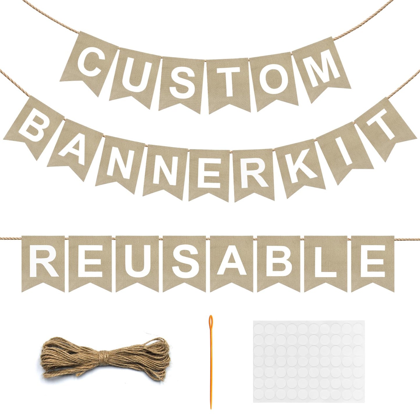 Reusable DIY Custom Banner Kit, 28 Burlap Flags, 87 Cardstock Letters/Numbers, 210 Double-Sided Adhesive Dots, Personalized Party Banner for Birthday, Baby Shower, Wedding, Graduation