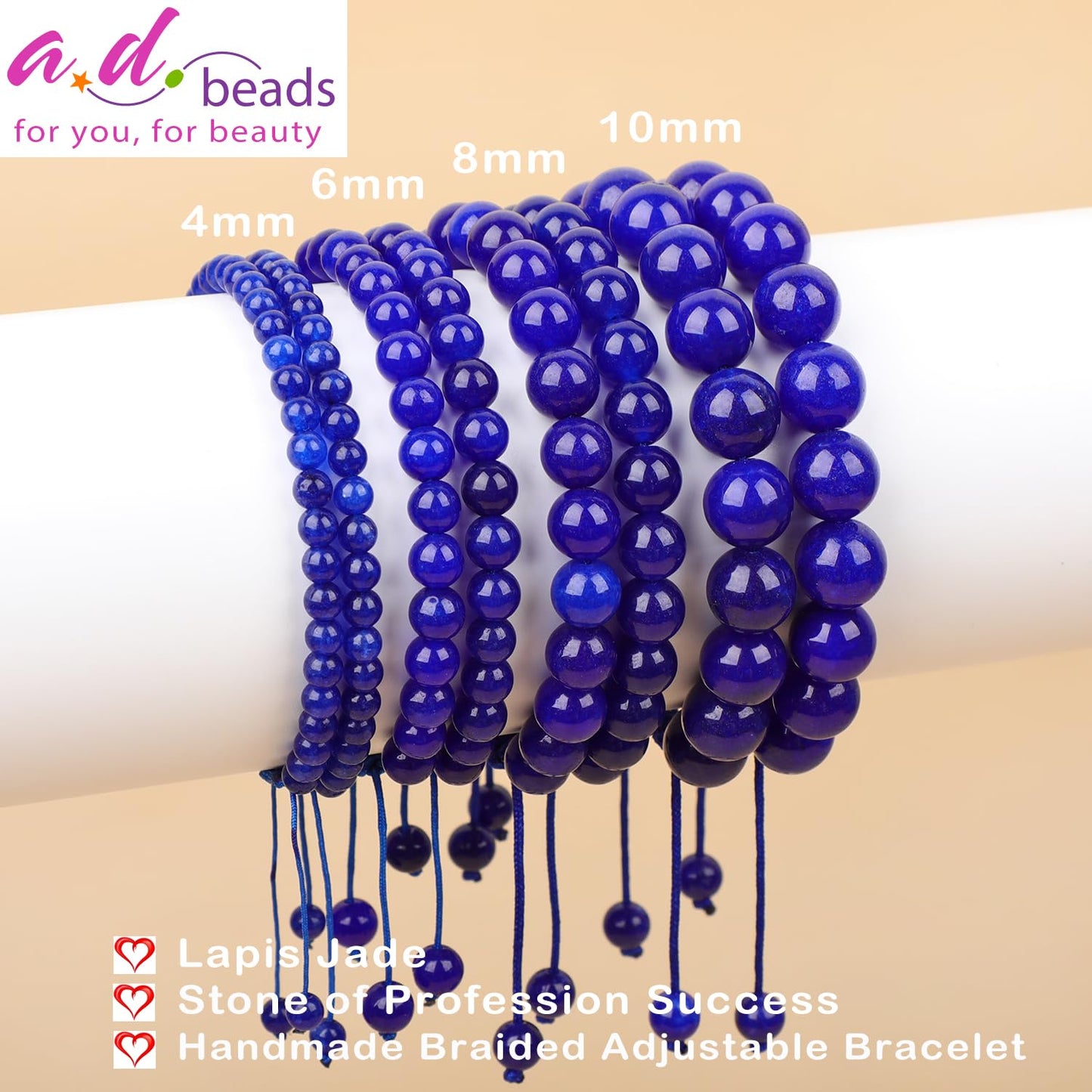 AD Beads 8mm Blue Lapis Jade - Profession Success - Handmade Natural Stone Crystal Bracelet with Adjustable Macrame String - Yoga Healing Power Energy Gifts for Men and Women