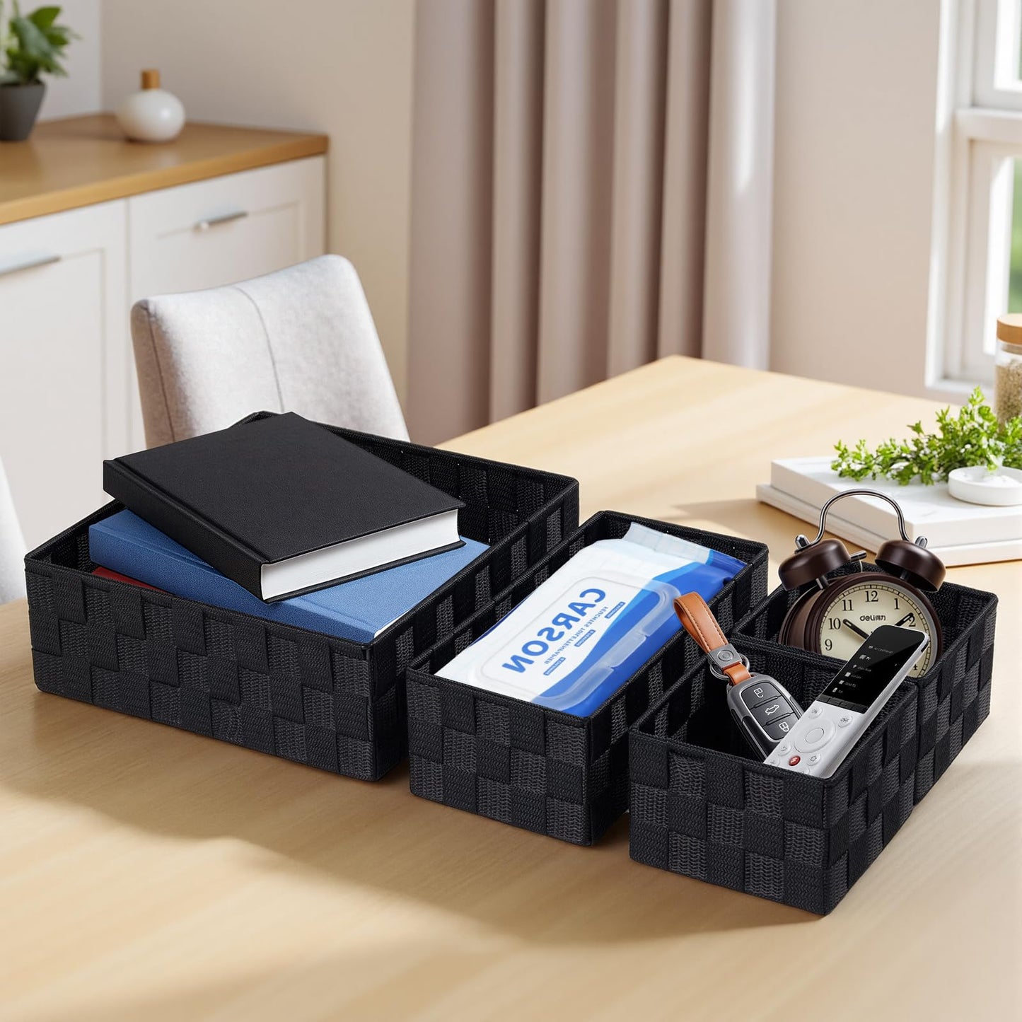 Posprica Small Black Baskets Cube Bin Container Tote,Woven Storage Baskets for Organizing Organizer Divider for Drawer, Closet, Shelf, Dresser, Set of 4