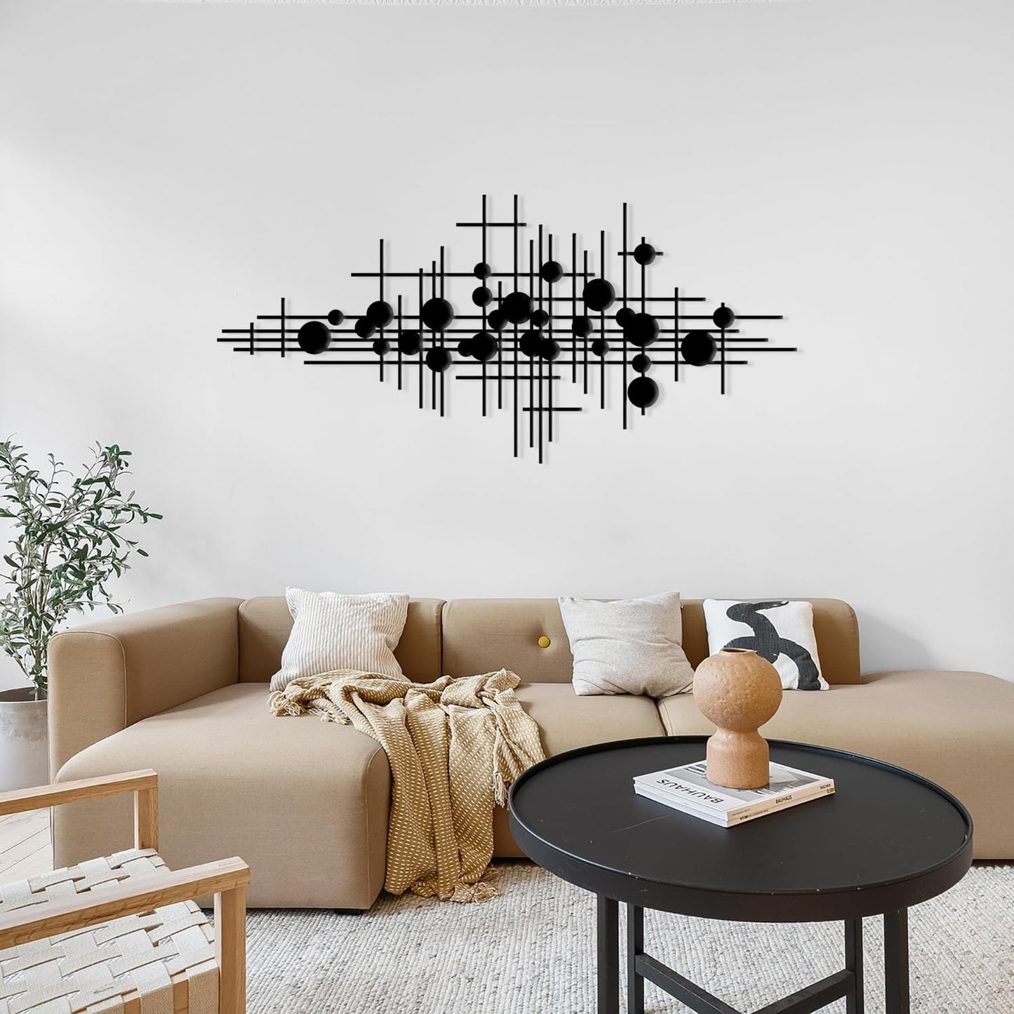 Rajukit Modern Geometric Abstract Metal Wall Art – Black Wall Decor – Large Metal Wall Sculpture for Living Room, Versatile Home Decor(33.9”*15.7”)