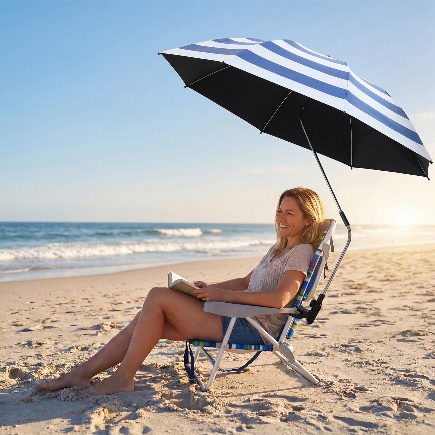 Breathffy 2 Pcs Beach Umbrella with Clamp UV Protection 48 Inch Adjustable Umbrellas for Chair with 360° Universal Clamps for Beach Camping Stroller Wheelchair, Chair Not Included(Blue Stripes)
