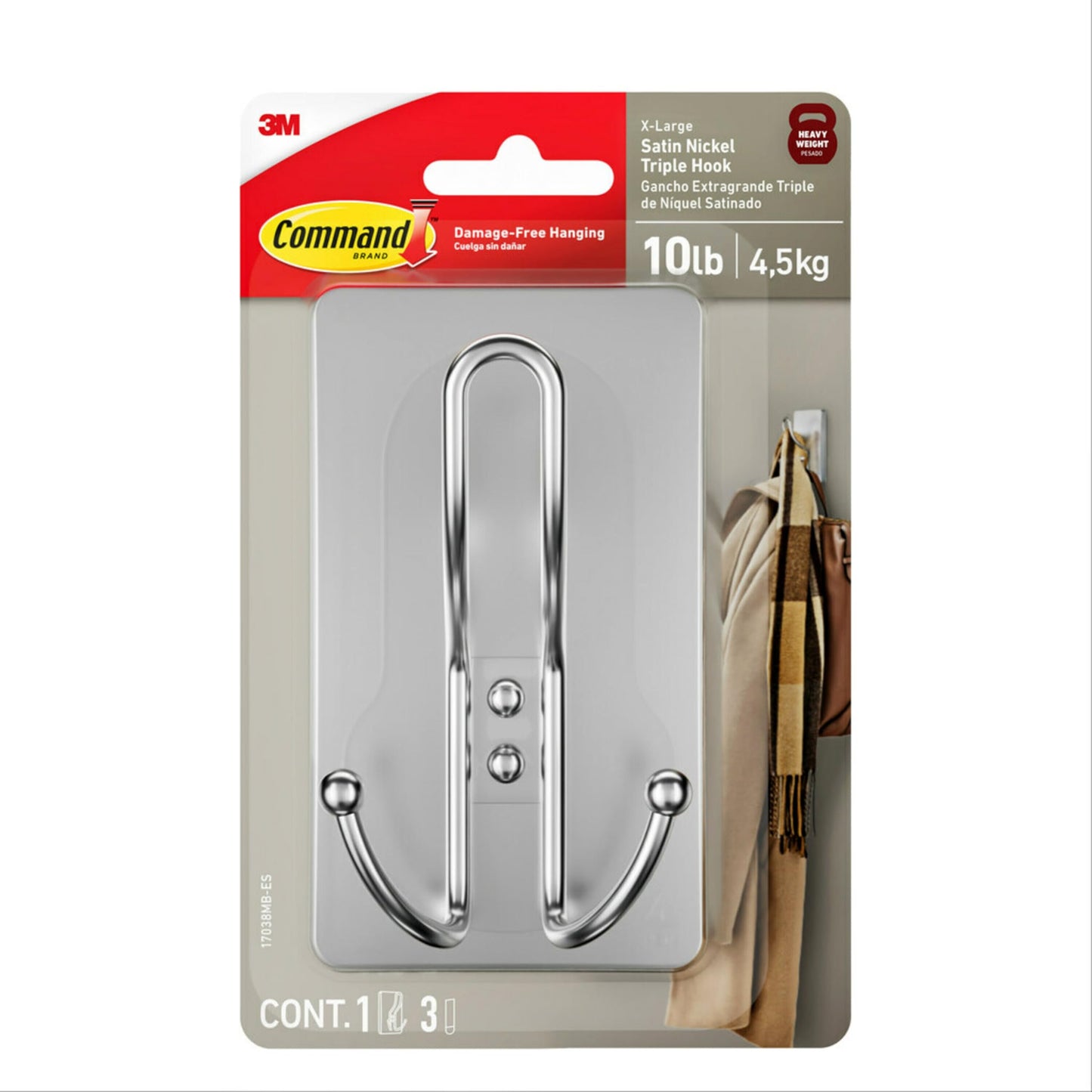 Command X-Large Satin Nickel Triple Hook, 1 Hook, 3 Strips, Damage-Free Hanging with Adhesive Strips, No Tools Wall Hook for Hanging Decorations in Living Spaces