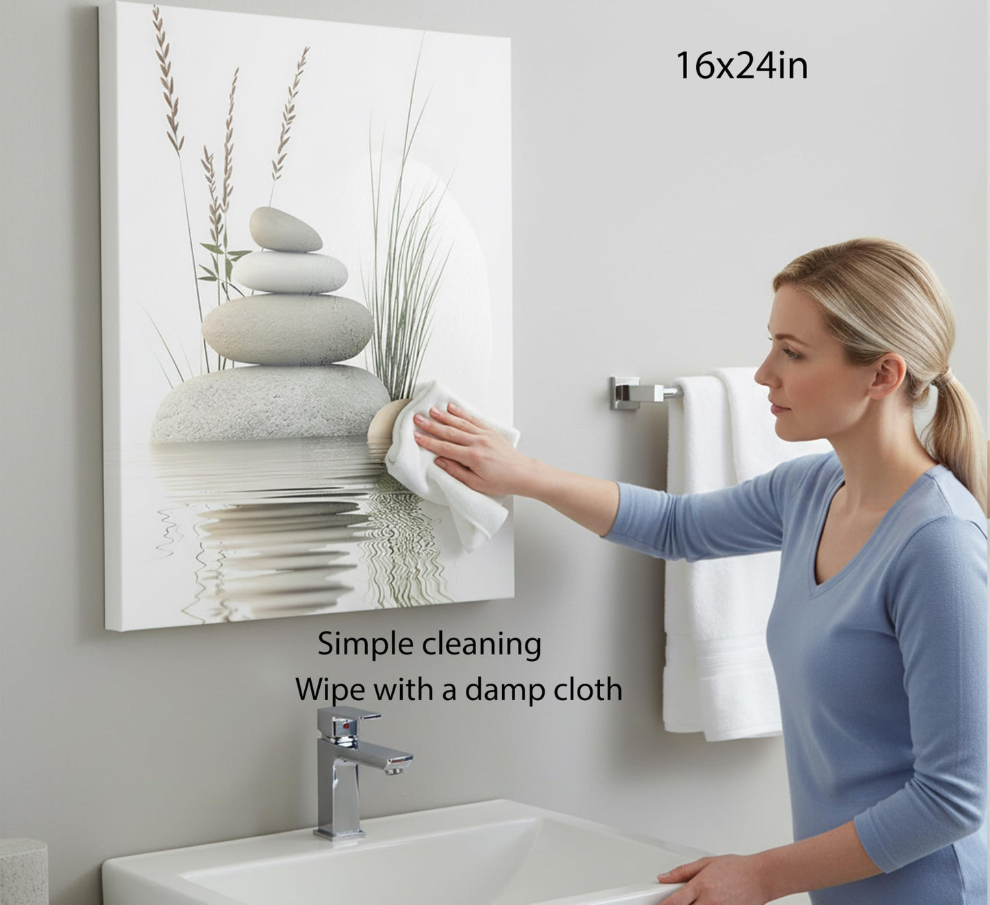 KBIERQN Zen Stone Canvas Wall Art Stacked Stones in Water Poster Print Tranquil Wild Grass Painting Picture for Spa Yoga Meditation Room Bathroom Wall Decor 16x24in Framed Ready to Hang