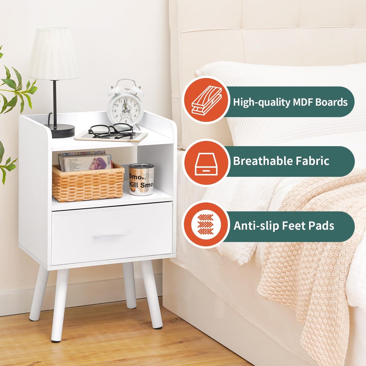 Yoobure Modern Nightstand with Drawer, Bedside Tables, Mid Century Nightstands with Open Storage Shelf, Wood Bedside Table, Small Night Stands for Bedrooms, 2-Tier Night Table
