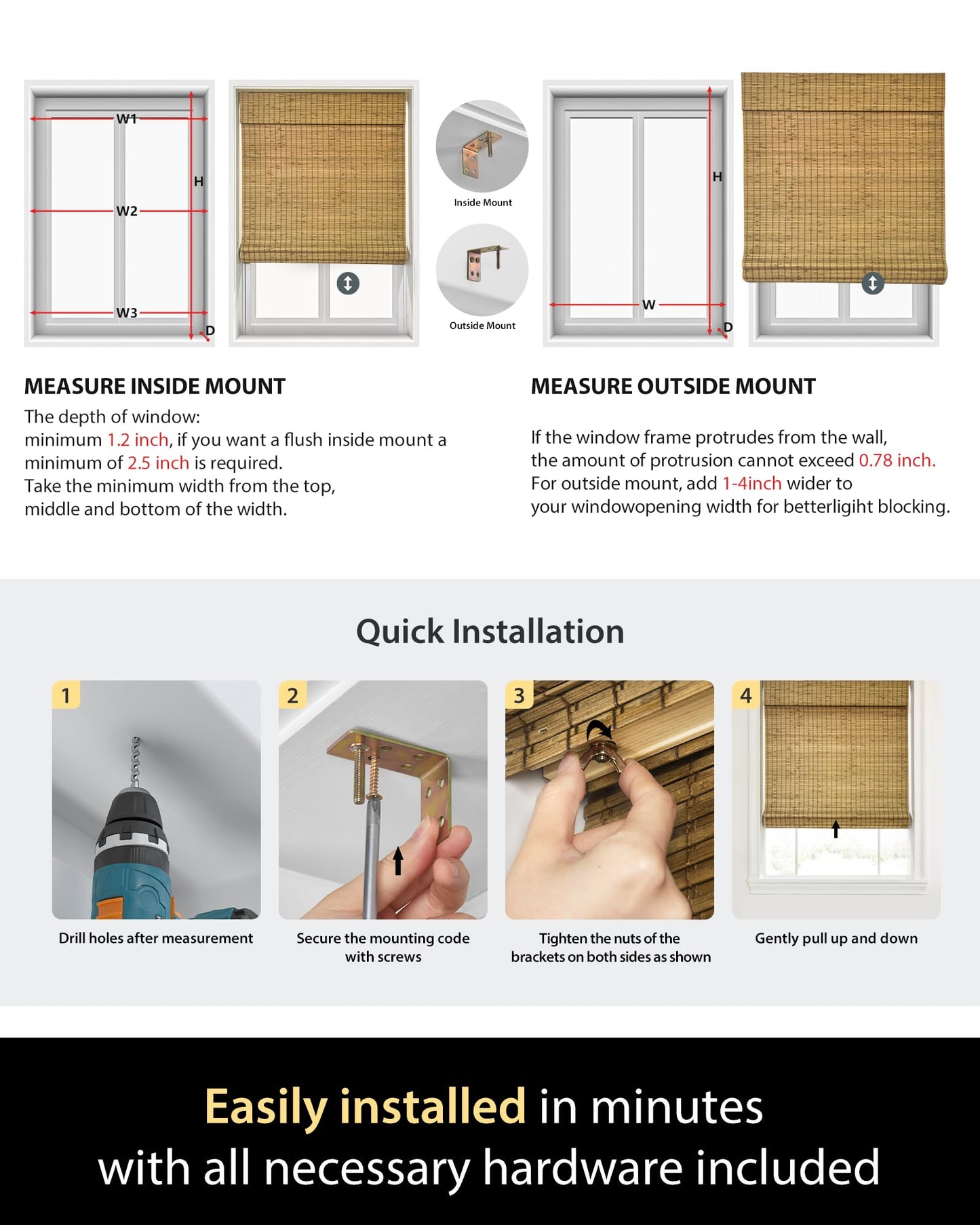 UNISHADES Cordless Bamboo Roman Shades for Windows, Blinds Size (26.5" W ×48" H) Colour (Highfield Teak)