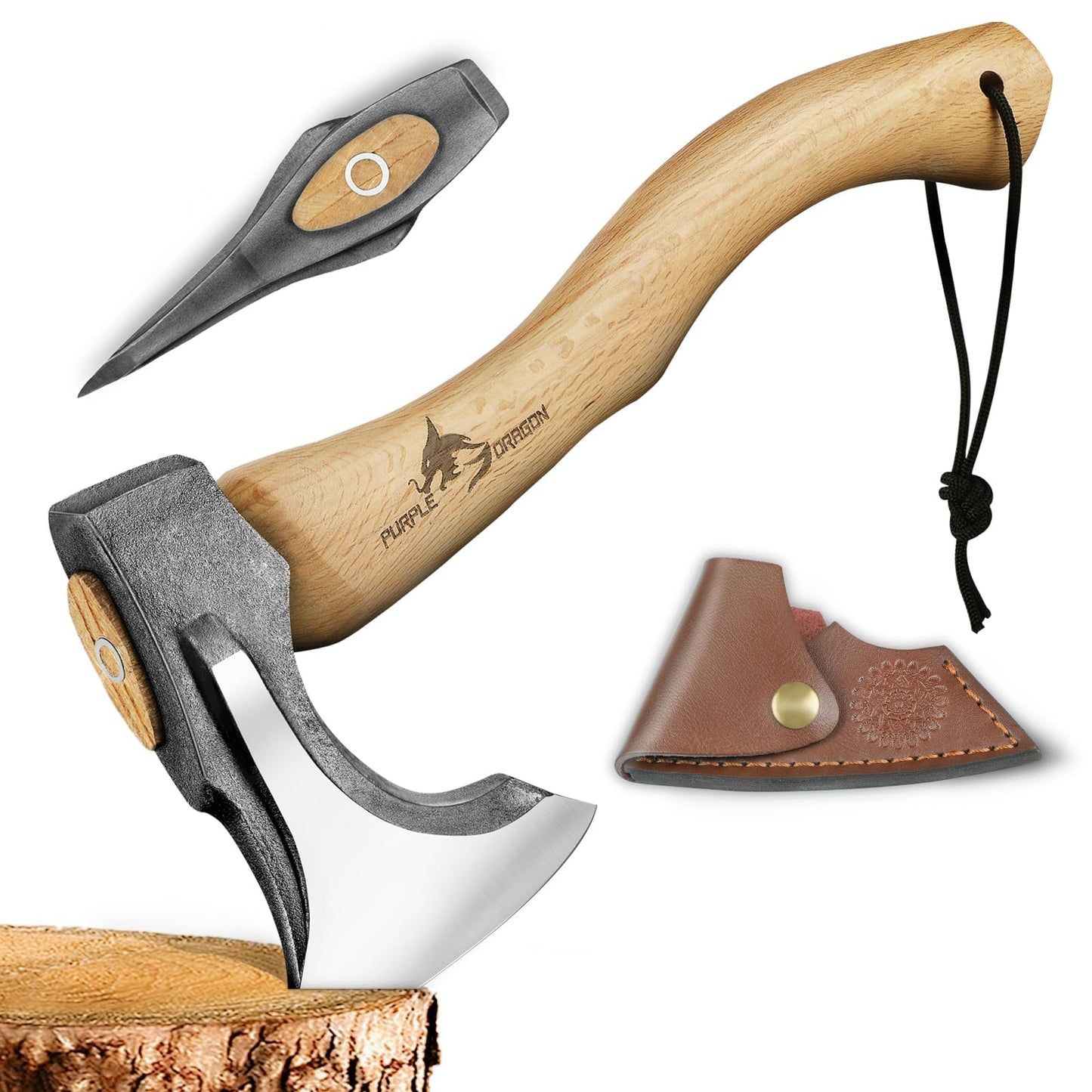 Purple Dragon Camping Hatchet 14.7 Inch Hand Forged Splitting Axe - Outdoor Wood Splitting Chopping & Carving Tool with Leather Sheath Bushcraft Survival Wooden for Men and Women