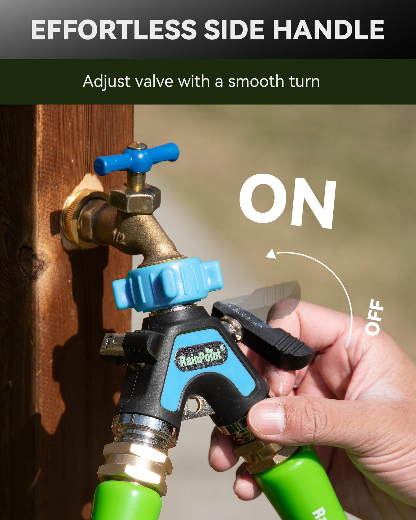 RAINPOINT Garden Hose Splitter 2 Way, All Metal Heavy Duty Water Hose Y Splitter With 2.05" Extra Long Side Handle & Shut Off Valves, 3/4 Inch GHT Thread Connector For Outdoor Spigot Faucet (Blue)