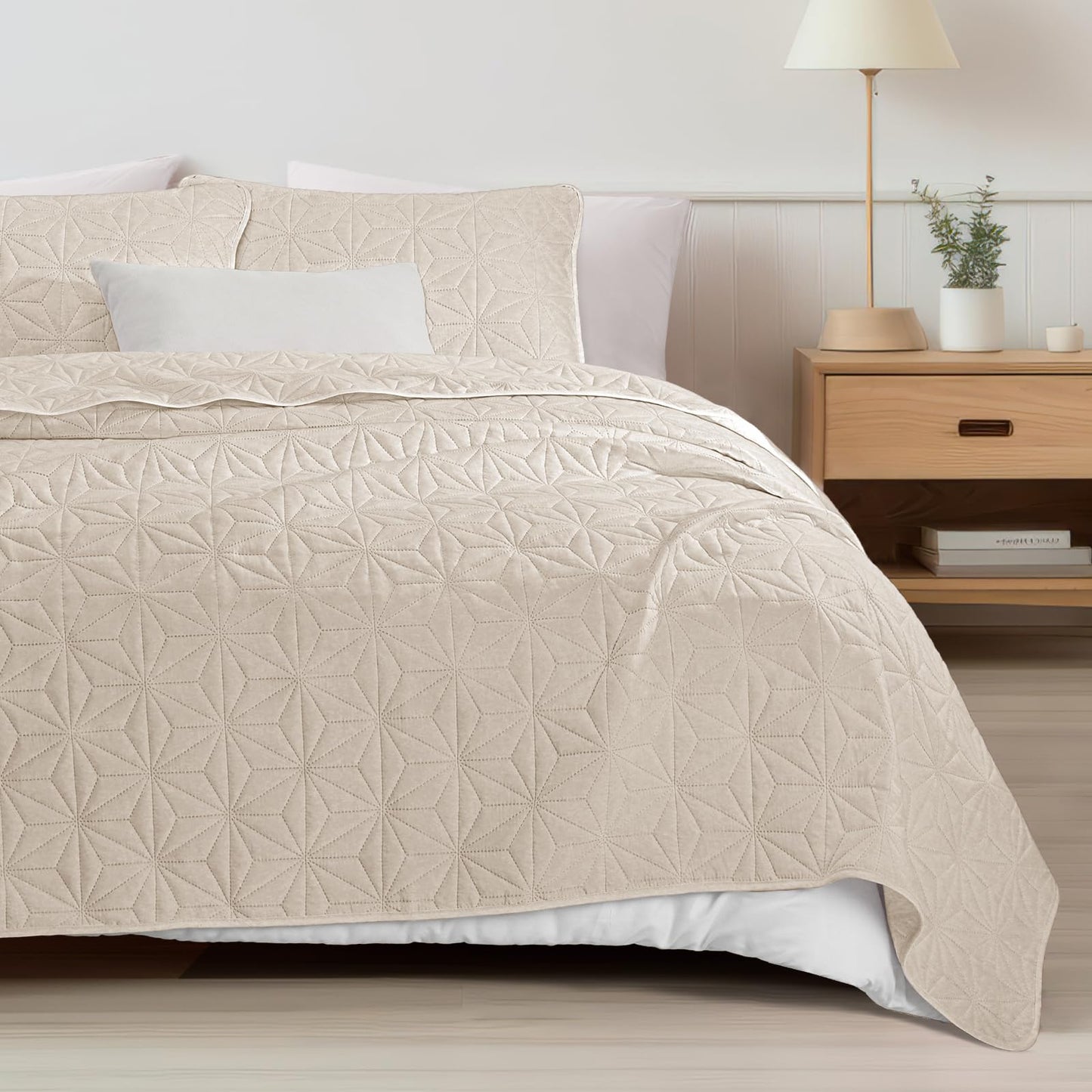 Whale Flotilla Queen Quilt Bedding Set, Soft Brich Beige Bedspreads Quilts Queen Full Size for All Seasons, 3 Pieces Lightweight Geometric Star Pattern Coverlet