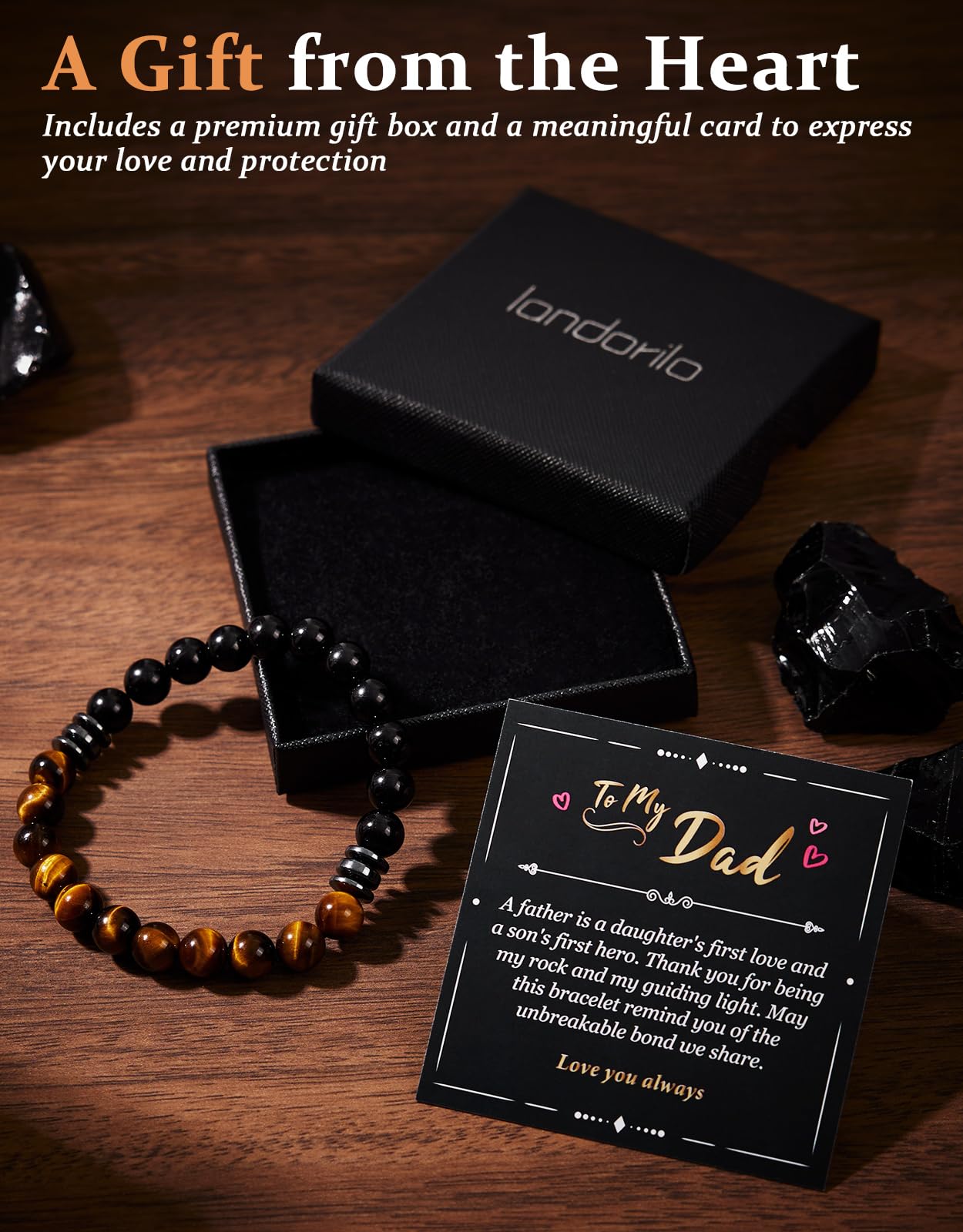 Landorilo Gifts for Men, 8mm Natural Stone Beaded Bracelets, Black Tourmaline & Tiger Eye Healing Bracelet, Handmade Mens Jewelry Gift for Him, Husband, Son, Father, Friend(Happy Birthday-7.5in)
