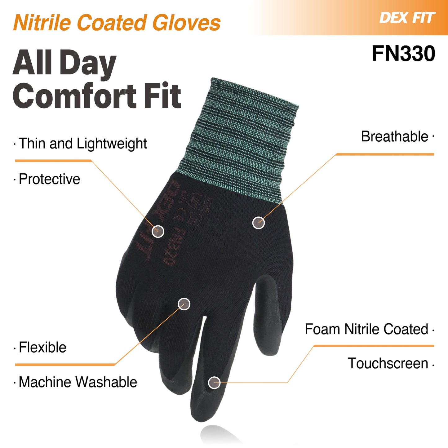 DEX FIT Nitrile Work Gloves FN330, 1 Pair, 3D-Comfort Stretchy Fit, Firm Grip, Thin & Lightweight, Touch-Screen Compatible, Durable, Breathable & Cool, Machine Washable; Black XL (10)