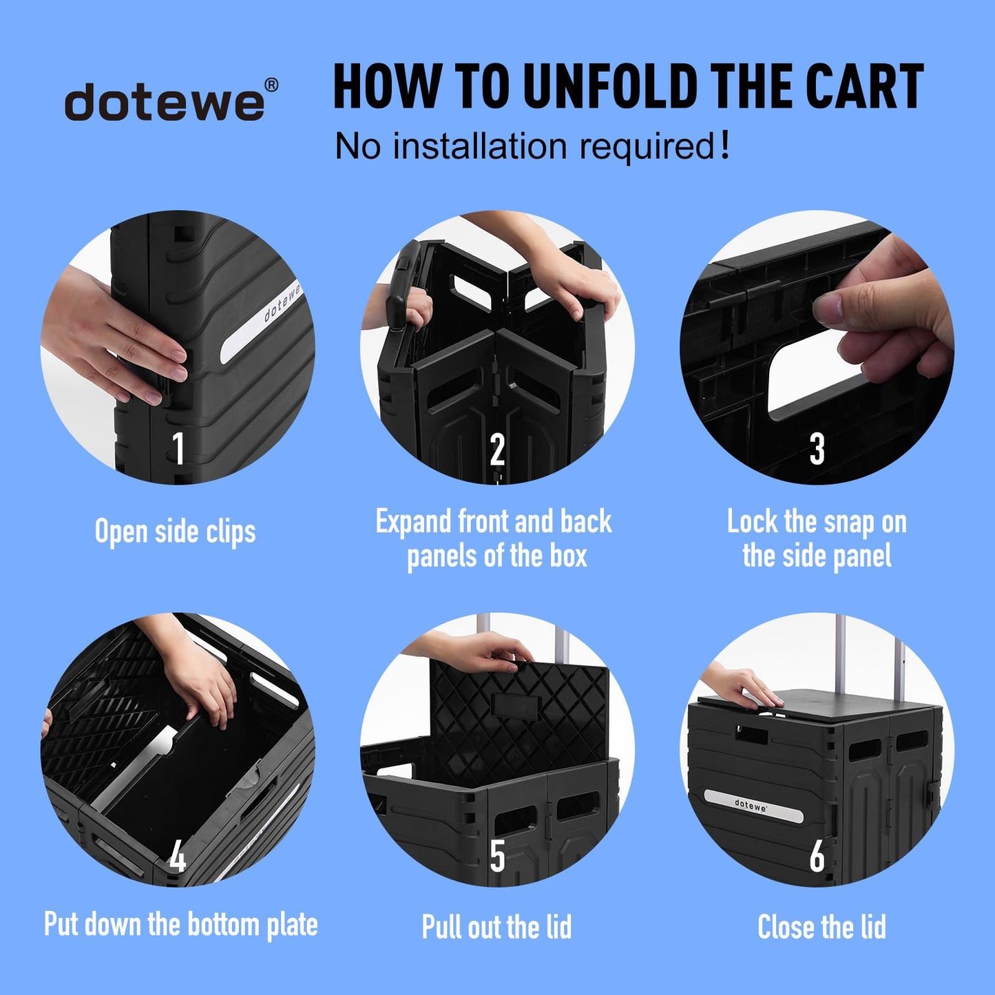 Folding Utility Cart Black Portable Rolling Crate Handcart Foldable Shopping Trolley Collapsible, with Lid, on Wheels, for Grocery, Garden, Office, Storage, Teacher, Tool (Black)