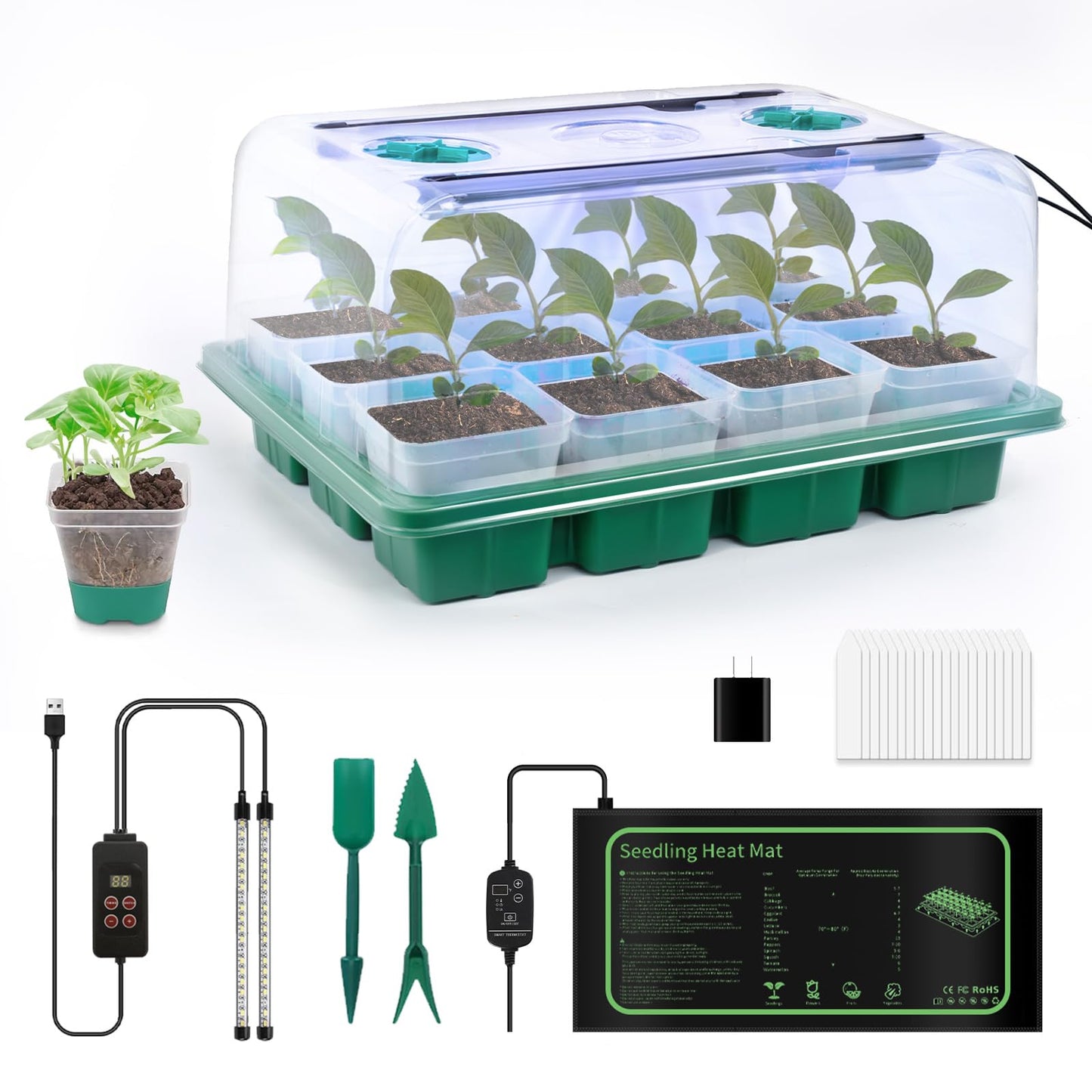 joyhalo 12 Cell Seed Starter Kit with Grow Light and Graphene Heating Mat, Reusable Seed Starter Tray with Higher 4.7”Humidity Domes and Large Clear Silicone Base Nursery Pots
