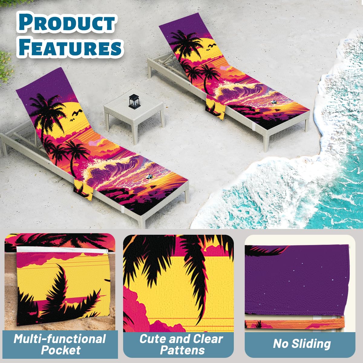 2 PCS Sunset Lounge Chair Towel Cover, Coconut Trees Beach Chair Covers, Chaise Lounge Cover with Pockets for Pool Sunbathing Beach Garden Courtyard Outdoor Trips, 85" X 30"