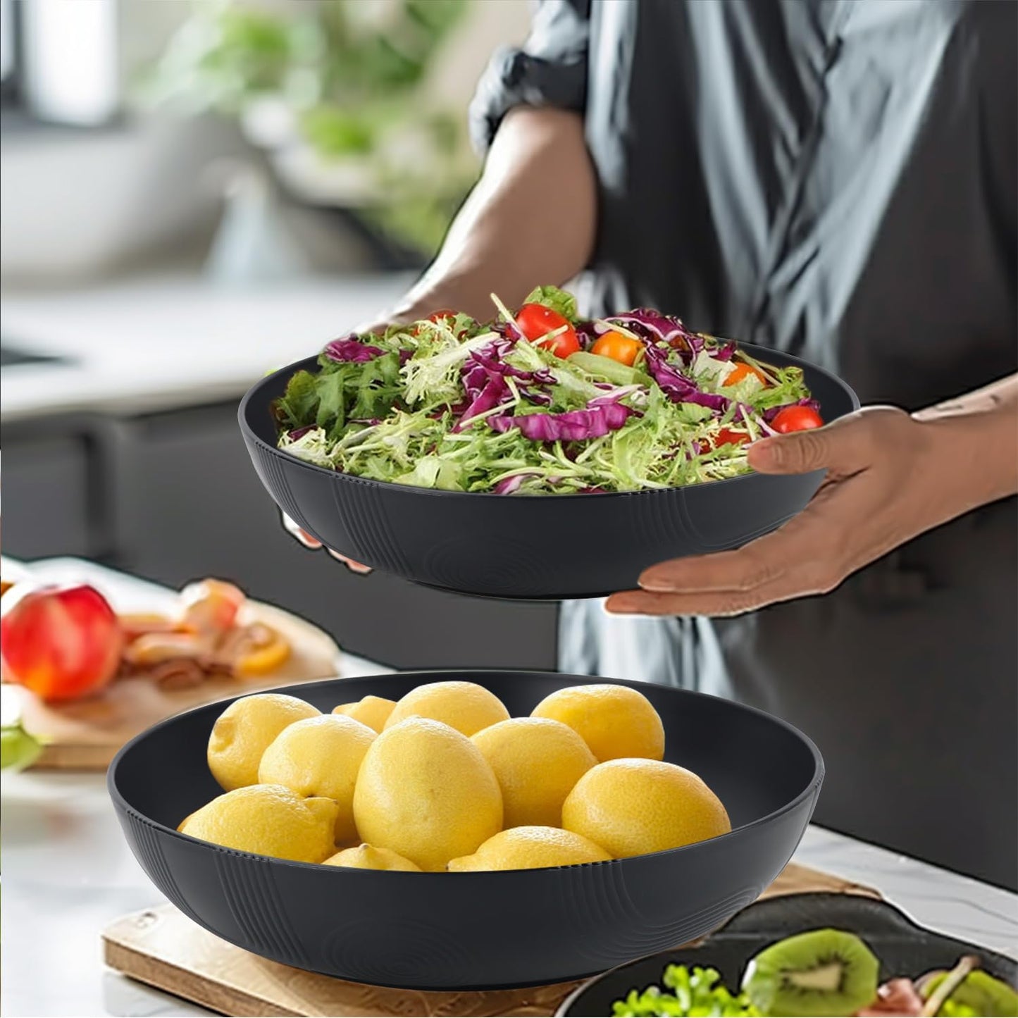Wrova Large salad bowls,65oz Salad bowls set of 2,Unbreakable Plastic bowls Microwave & Dishwasher Safe Bowls,Wheat Straw Serving Bowls for Salad, Cereal, Fruit, Dishwasher Safe.Black