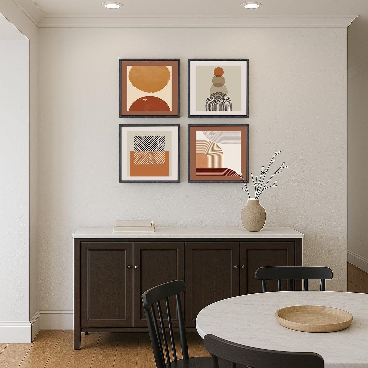 4 Piece Framed Abstract Boho Wall Art Set, Modern Mid Century Canvas Picture Wall Decor, Minimalist Geometric Orange and Brown Paintings Prints for Living Room Bedroom Hallway, 12x12 Inch