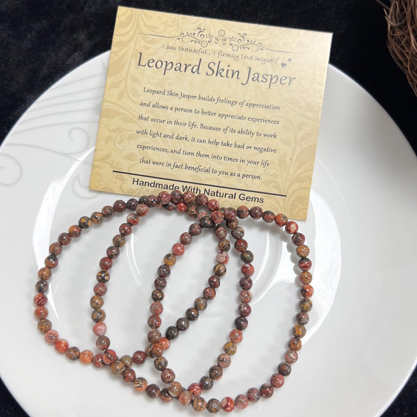 CHCCOYE 4mm Natural Healing Gemstone Bracelet Handmade Yoga Stretch Elastic Bracelet Stress Relief Crystal Jewelry for Men and Women (4mm Leopard Skin Jasper)