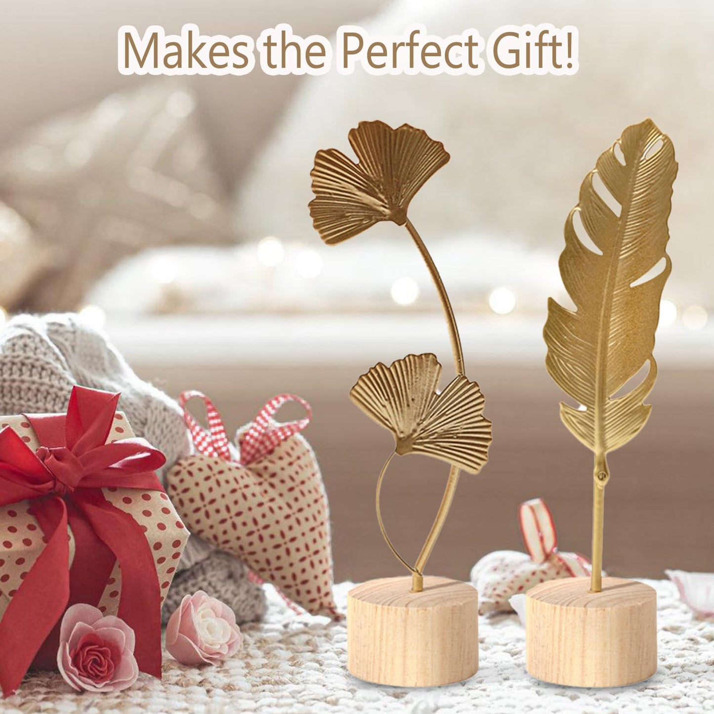 Milnnie Two-Piece Luxury Nordic Metal Leaf Sculptures – Elegant Gold Ginkgo & Palm Leaf Art Décor, Modern Minimalist Metal Craft for Living Room, Entryway, Wine Cabinet, Home & Office Decoration