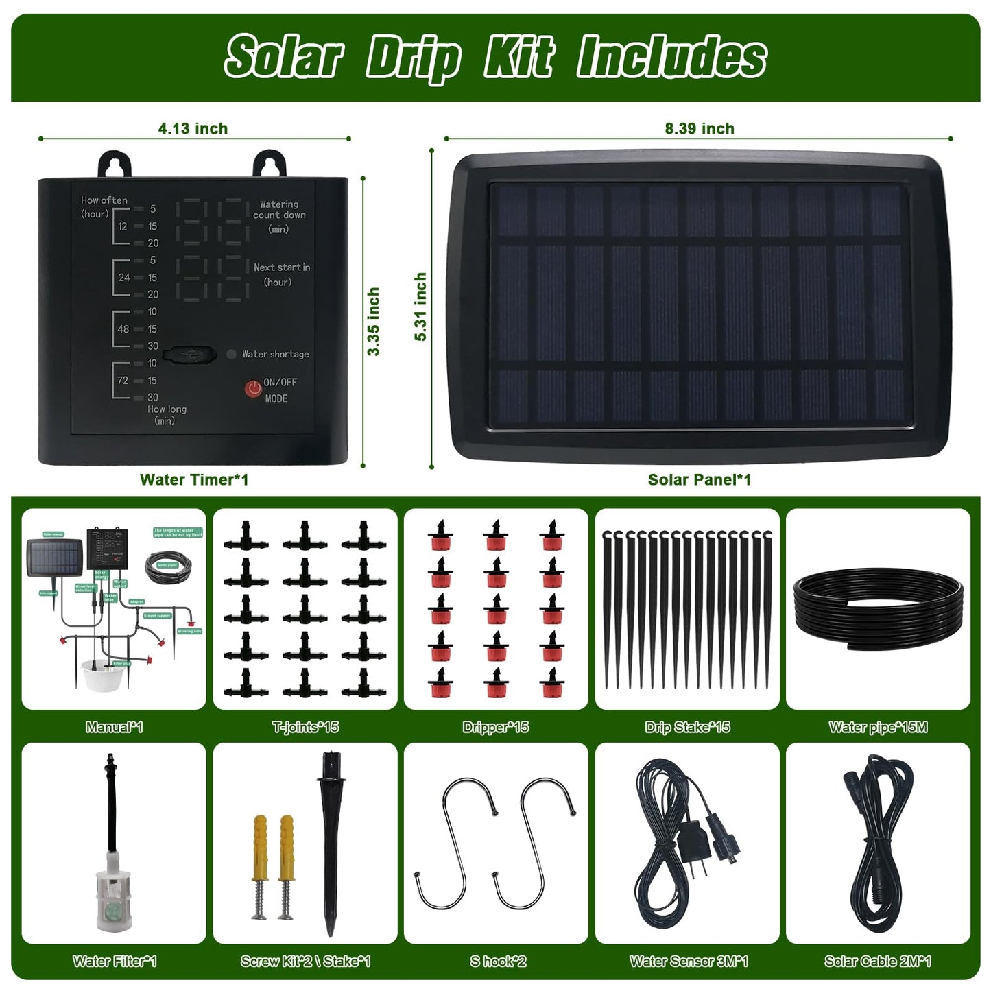 Solar Automatic Drip Irrigation Kit System, 12 Timer Settings Garden Irrigation System, Self Watering Devices for Plants, Raised Beds, Greenhouse, Travel, IP44 Waterproof (15 Pots)