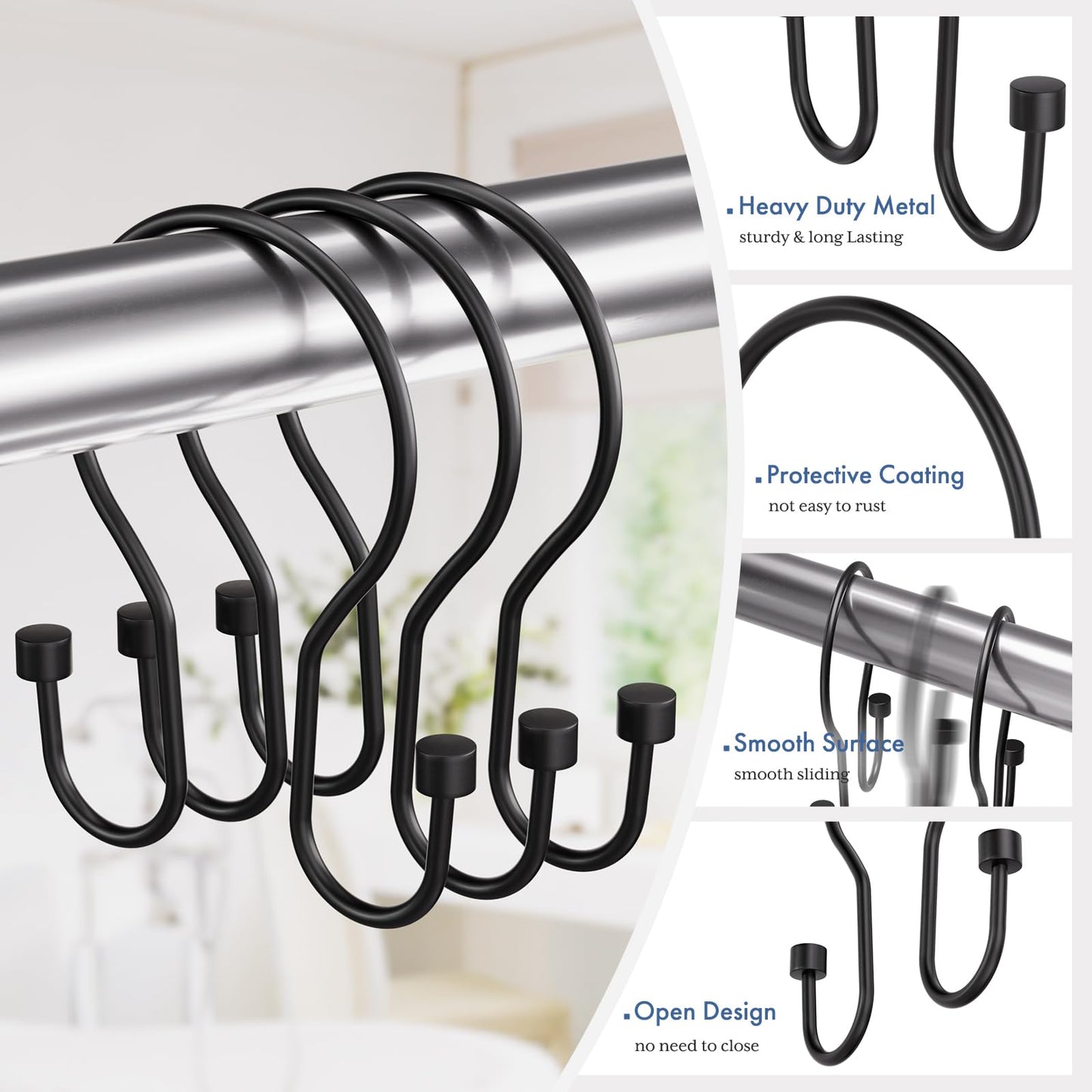 Bathway Shower Curtain Hooks Black Shower Curtain Rings, Simple Double Hook Shower Curtain Hooks Rust Proof, Smooth Sturdy Metal Shower Hooks for Shower Curtain Rod, 12Pcs Shower Rod Hooks