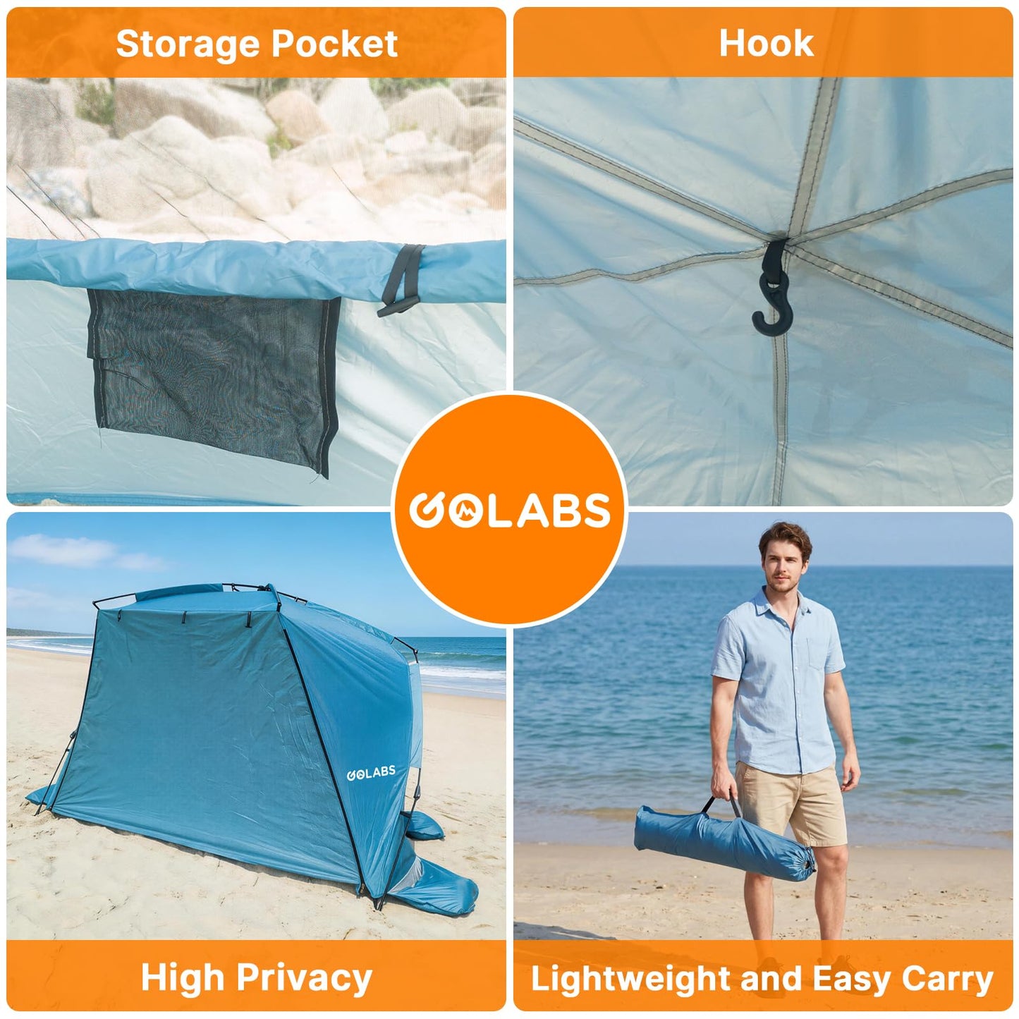 Golabs BT1 Pop up Beach Tent Sun Shelter for 3-Person, 1-Minute Setup by Pre-Attached Pole & UPF 50+, Beach Shade with Detachable Floor Mat, Mesh for Clear View & Airflow, only 7 lbs & Pocket and Hook