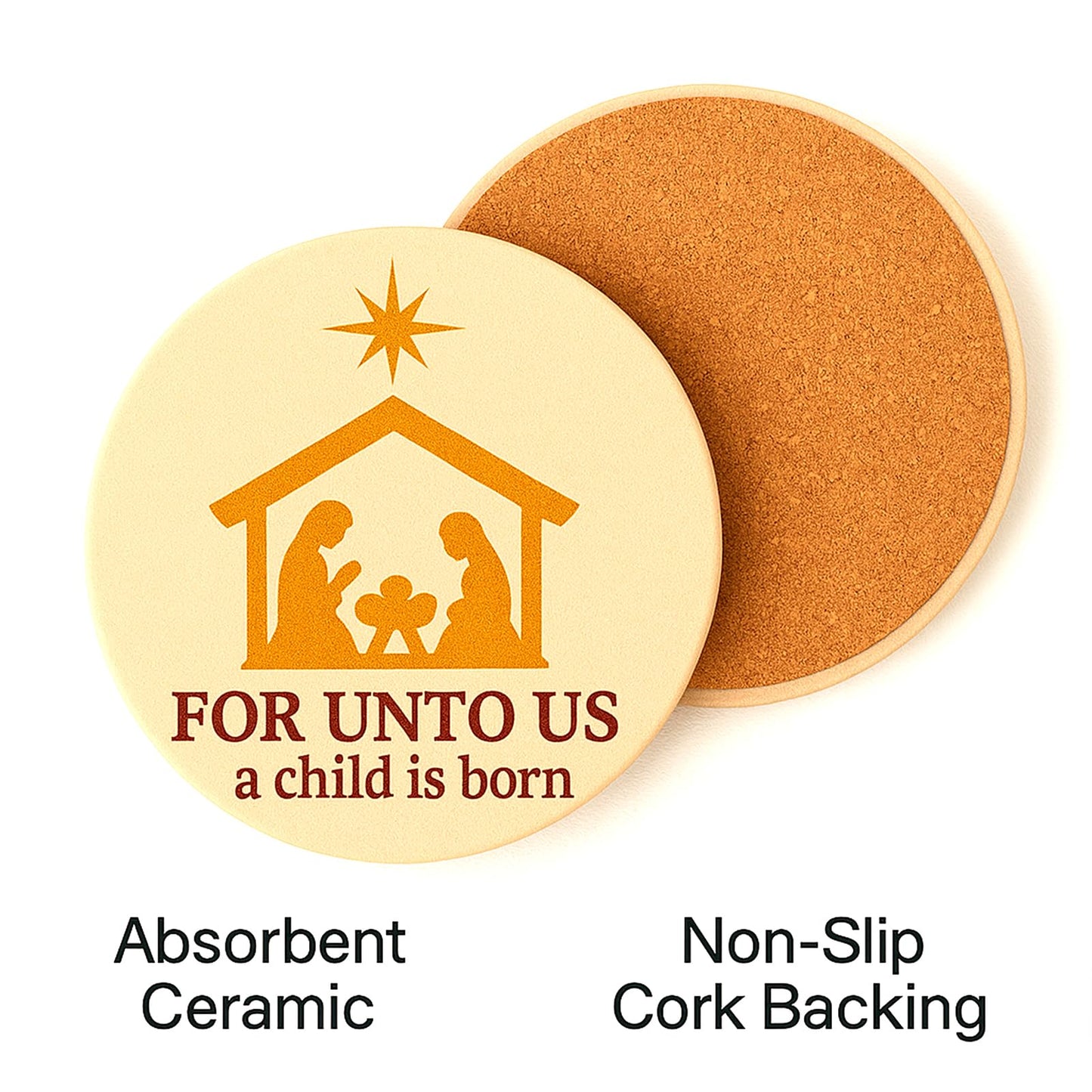 for Unto Us A Child is Born Nativity Scene Christmas Coasters Set of 4, Absorbent Ceramic with Non-Slip Cork Backing – Christian Religious Holiday Drink Coasters for Coffee Table, Home, Church Decor