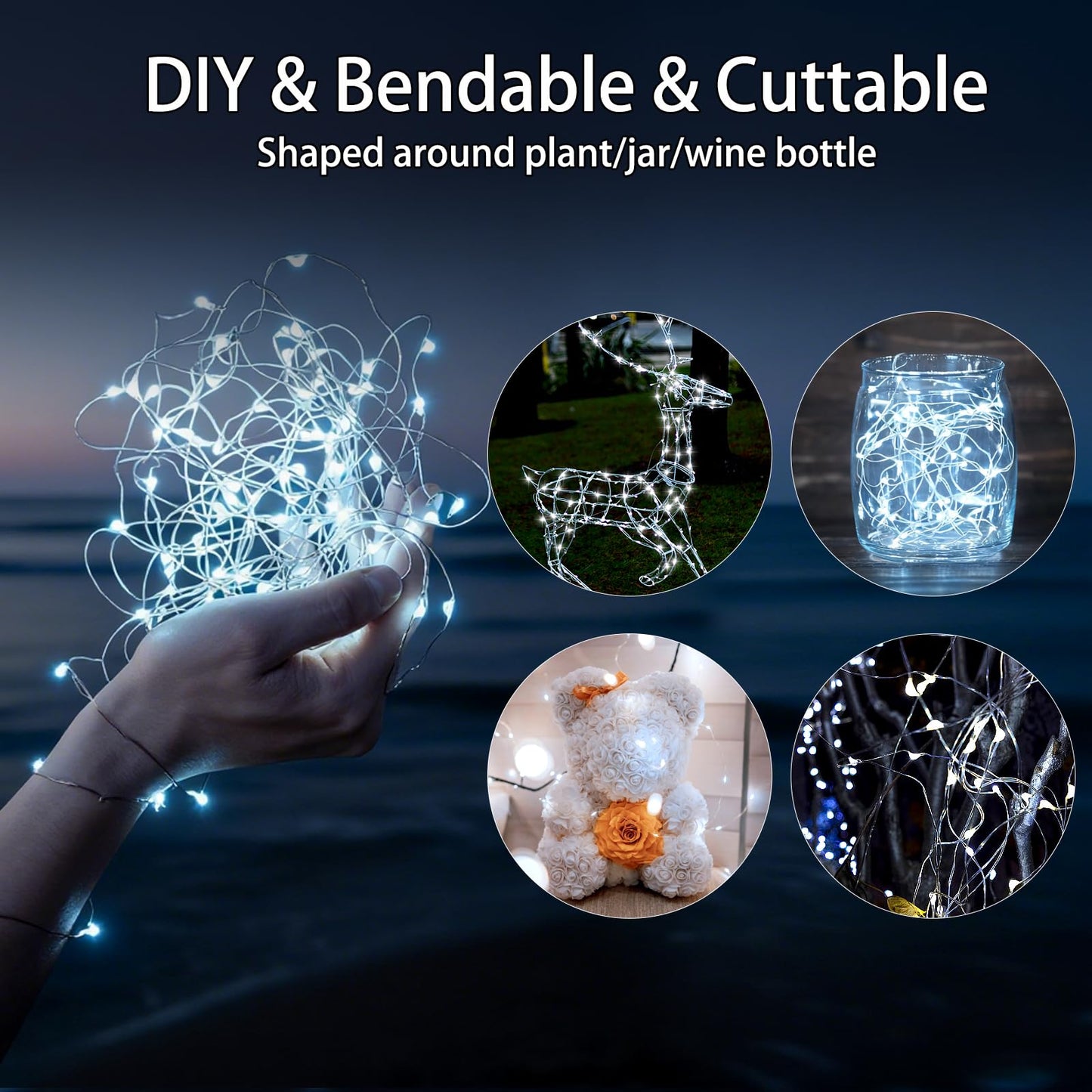 VOOKRY 32 Pcs Fairy Lights Battery Operated String Lights - 10 ft 30 LEDs Waterproof Silver Wire Mini Firefly Starry Moon Lights for DIY Crafts Wedding Party Table Centerpieces Christmas(Cool White)